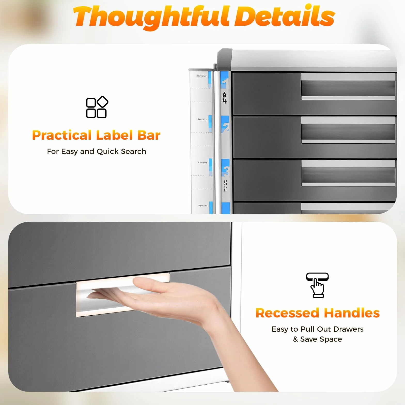 Caja de documentos con llave de 5 cajones, caja de archivos de aluminio A4, archivador de almacenamiento de oficina en casa, 2 alturas 5 cm, 10 cm, capacidad 10 kg, seguridad bloqueable, gris 35 x