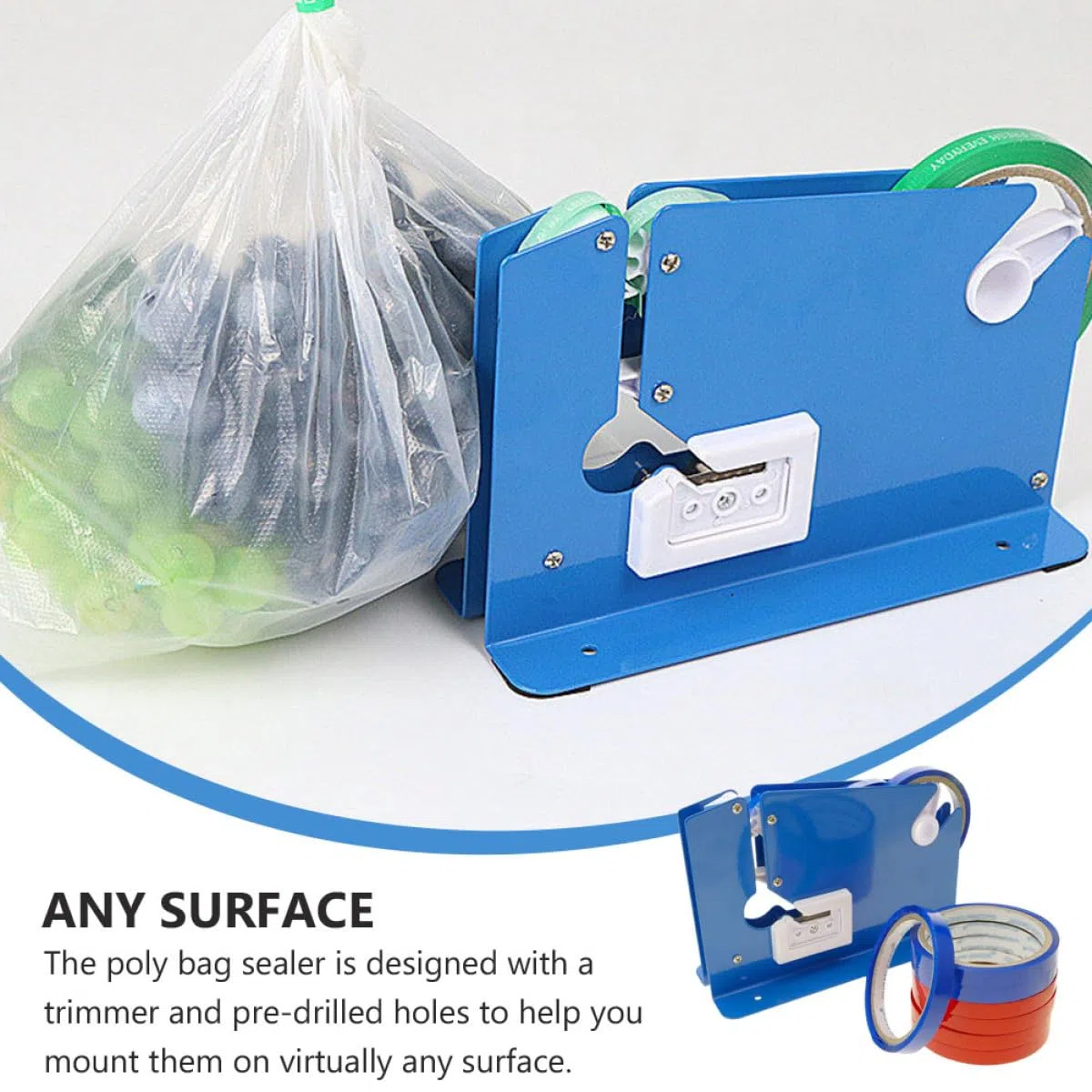 Gadpiparty Cortador de Cinta Adhesiva 12 Mm Dispensador Azul 8 Rollos de Cinta Adhesiva Roja y Azul para Sellado de Bolsas, Máquina Selladora Manual para Embalaje y Oficina