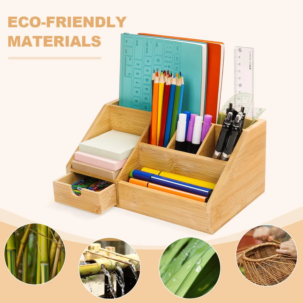 Cinnani Organizador de escritorio de bambú con cajón – Caja para bolígrafos, soporte para bolígrafos de bambú para escritorio, almacenamiento multifuncional de papelería
