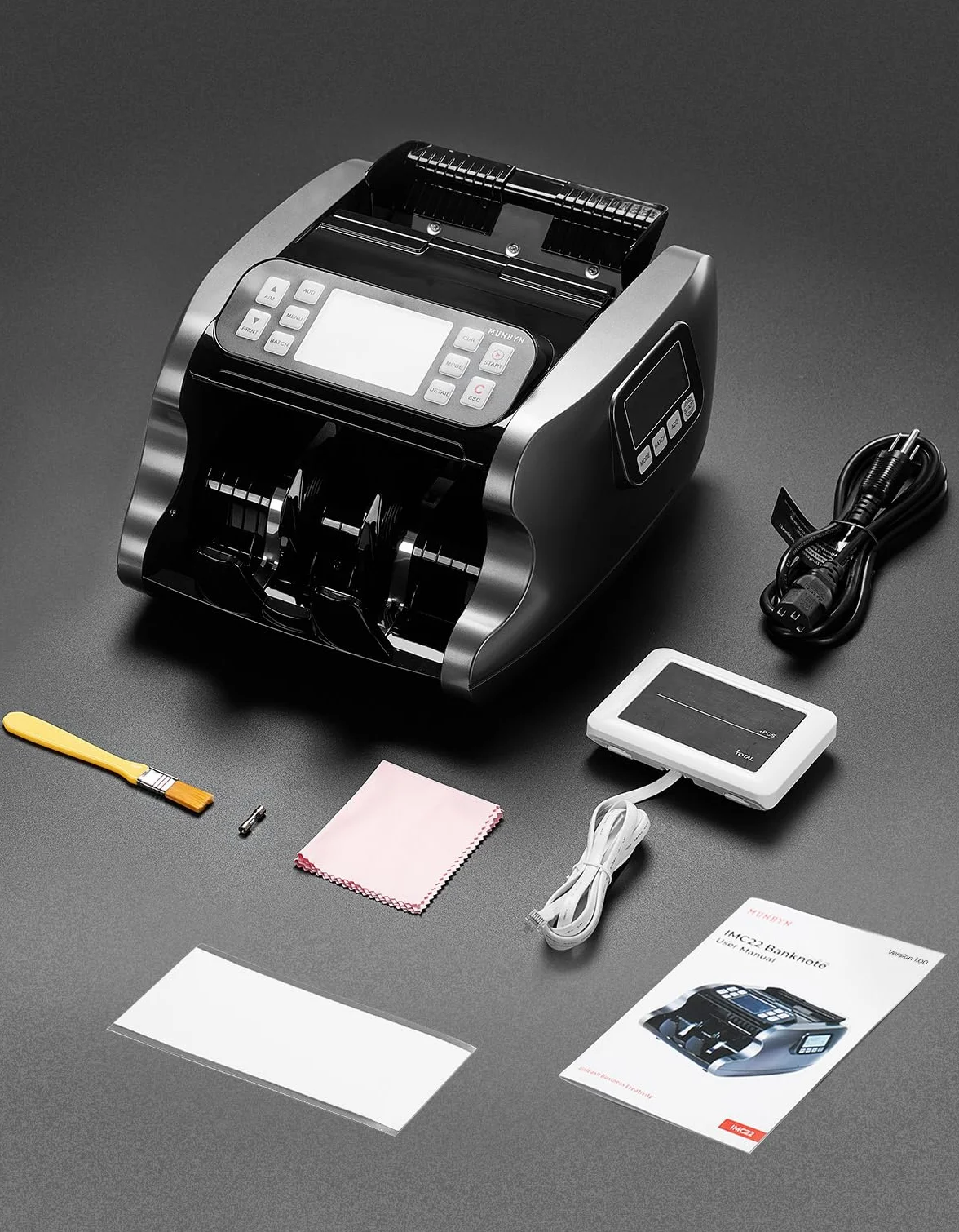 MUNBYN IMC22 Contadora de Billetes Mixto, Máquina Contar Billetes con Detector Falsos CIS/UV/IR/MG/MT, EUR USD CAD, 120 Divisas, Doble Pantalla