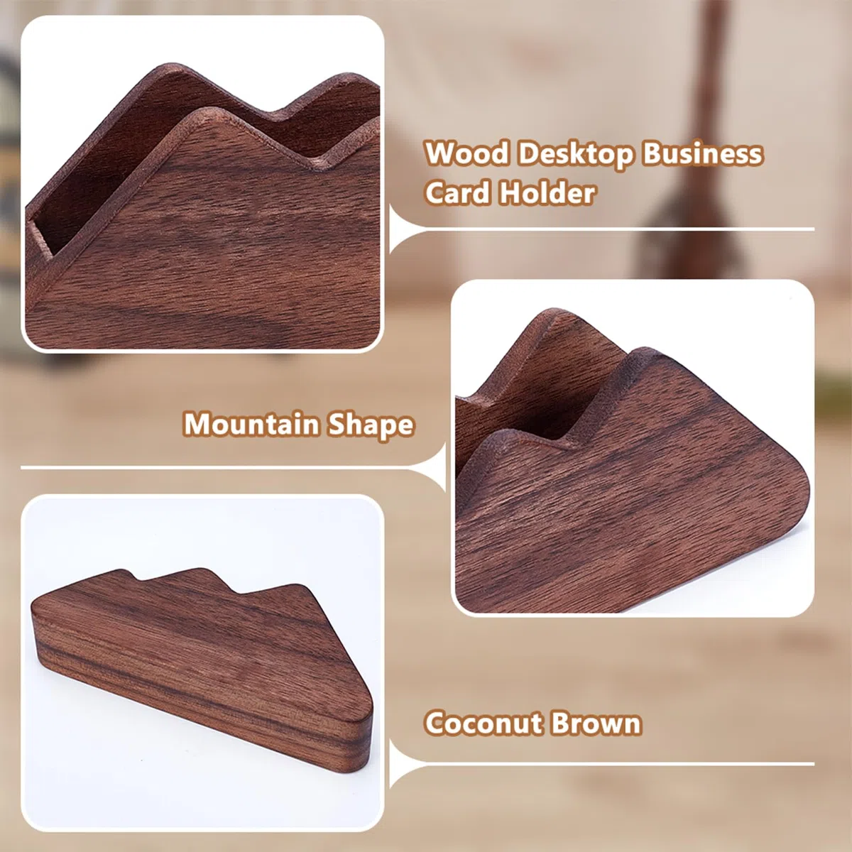 4 soportes de madera para tarjetas de visita, elegante soporte de exhibición de madera marrón coco, organizador de tarjetas de visita de madera para oficina y hogar, 12 x 3 x 4,8 cm