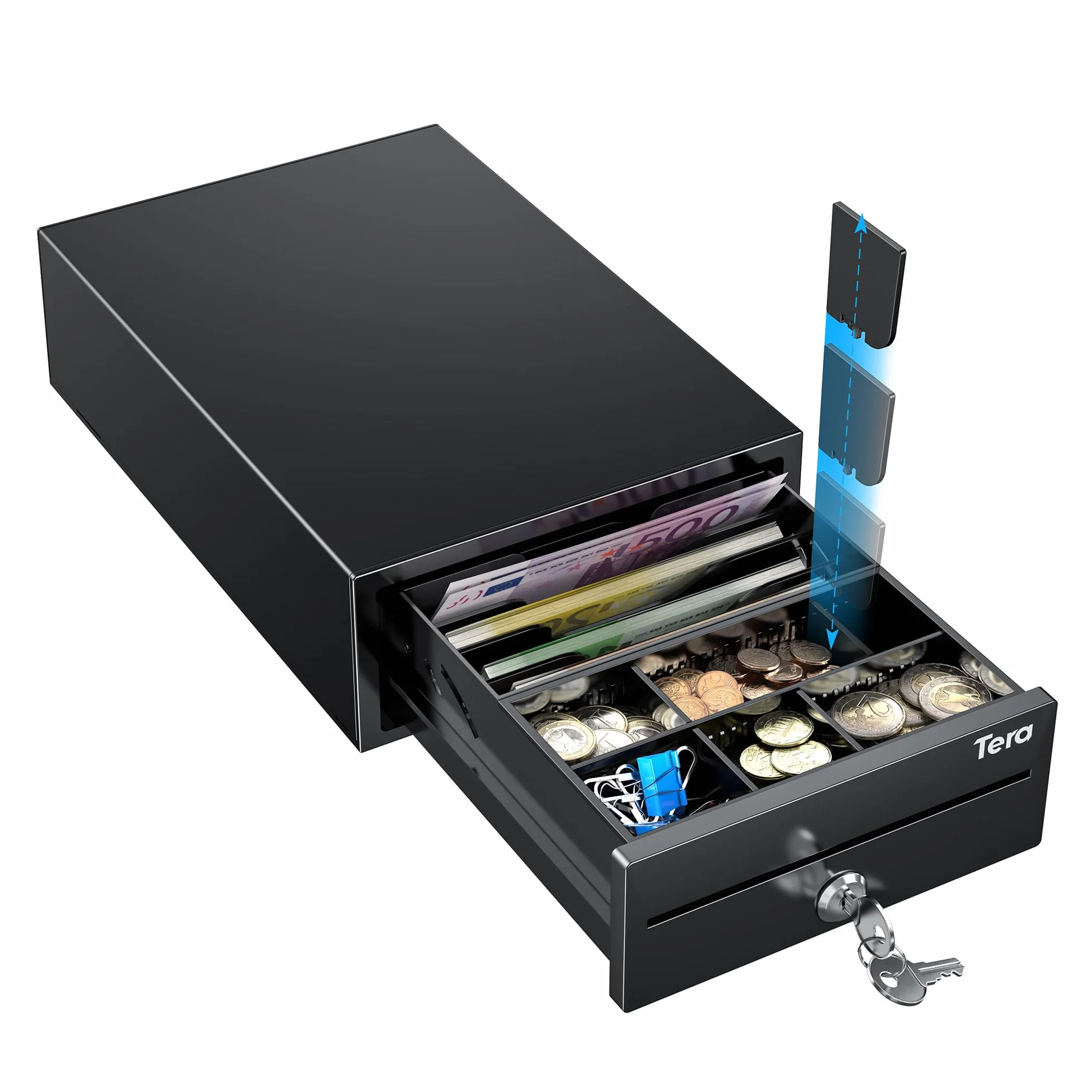 Tera Cajón Portamonedas Ajustable : 20,8 × 30 × 9,8 cm con 4 Compartimentos Billetes 6–8 Compartimentos Monedas Ranura de Depósito 2 Llaves Conexión RJ12 para Sistema POS Tiendas Supermercados 208