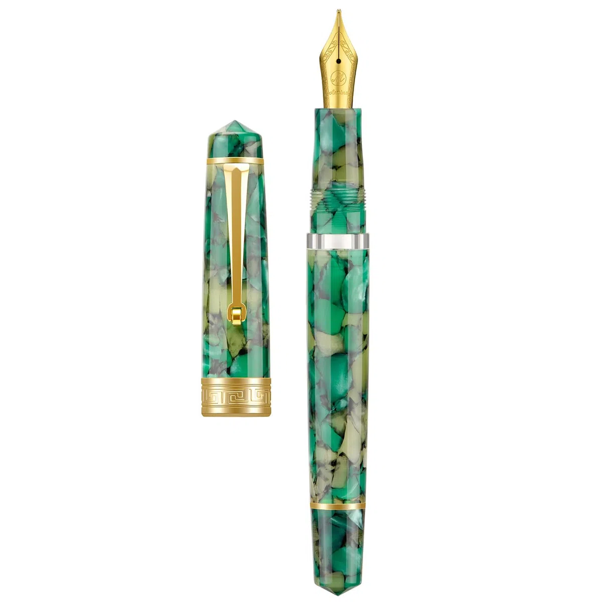 Asvine P20 Piston Pluma estilográfica de punta extrafina, mármol verde, acrílico y borde dorado, colección de escritores suaves con juego de estuche