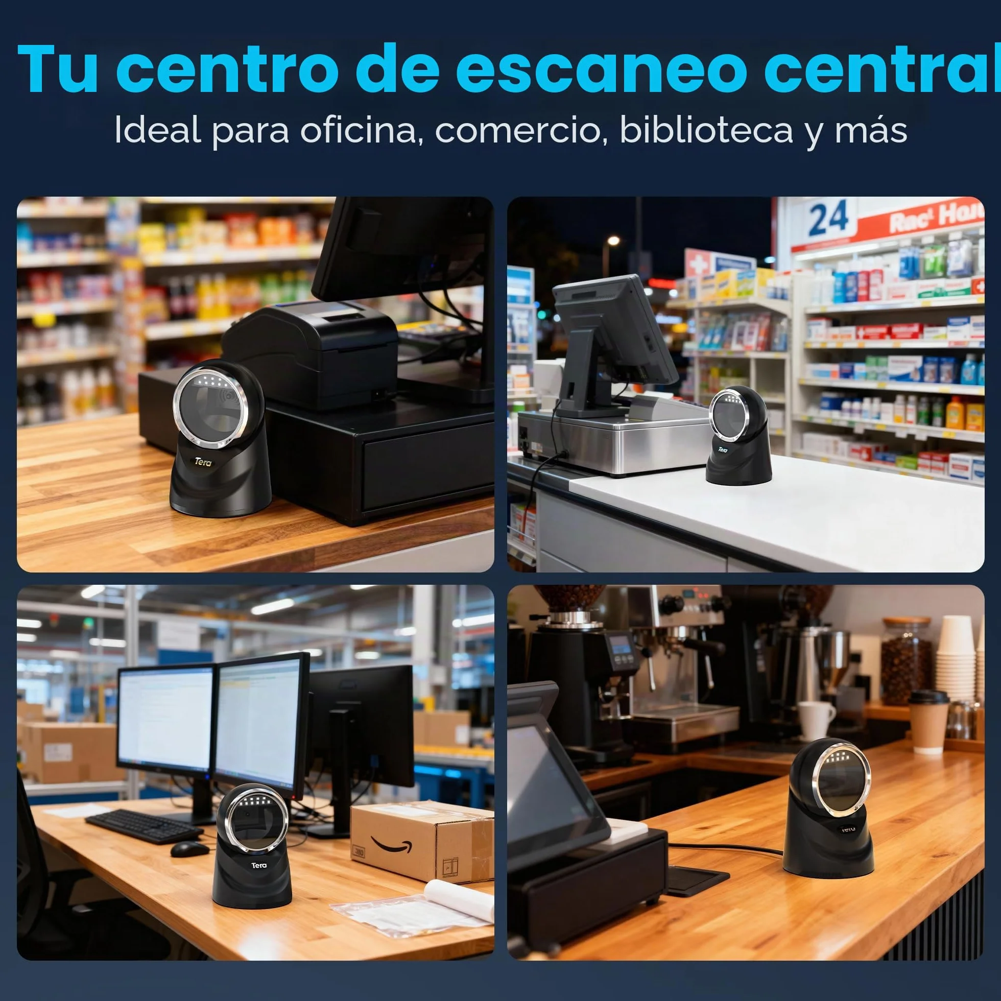 Tera 1D 2D QR Lector de Código de Barras Omnidireccional Escáner de Código de Barras con Cable USB Manos Libres Escaneo Automático de Detección de Imagen para Tienda de Supermercado Modelo 9100