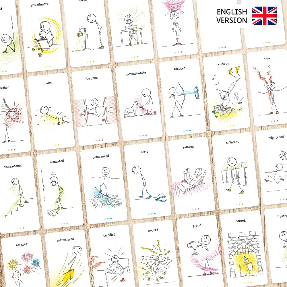 Comitys | Juego de Las emociones | 64 Tarjetas de alfabetización Emocional | Herramienta pedagógica Inspirada en la Comunicación No Violenta CNV | 177 Estados emocionales por descub (Inglés)