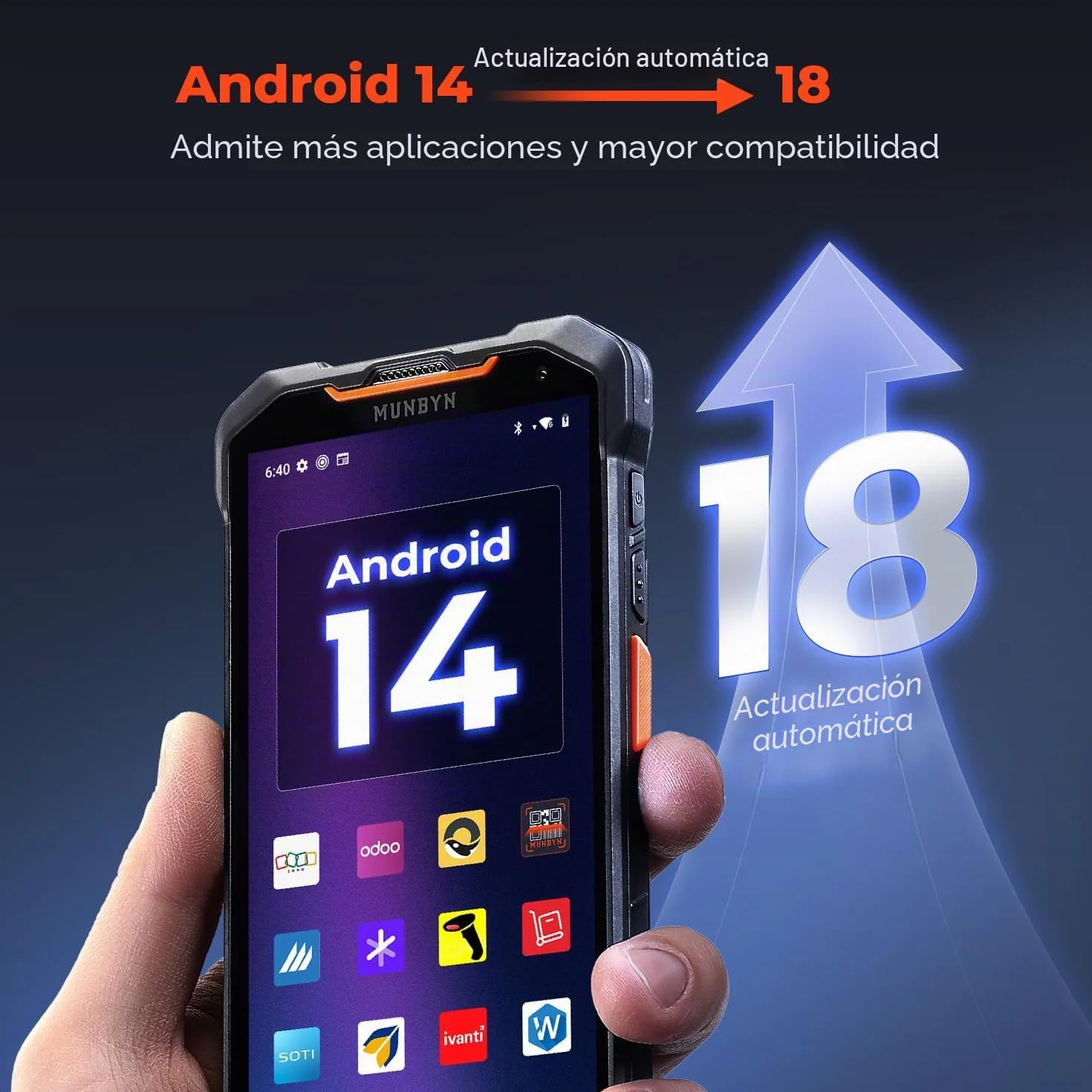 MUNBYN 2026 Nuevo Escáner de Código de Barras Android 14 Actualizable a 18, PDA Móvil 4GB + 128GB, Escáner Zebra SE4710 1D/2D/QR, Carga Rápida, Resistente a Caídas de 2m, AS01