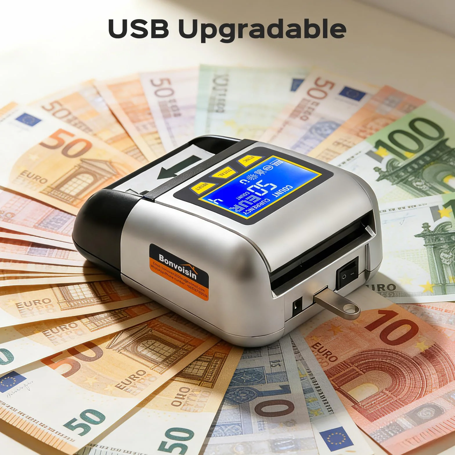 Bonvoisin Detector de Billetes Falsos, Comprobador Billete UV/IR/MG, Portátil Detector con Función Valor Total, Batería Recargable, 4 Orientaciones, Compatible EUR/USD/GBP Etc., Pantalla LCD (A)