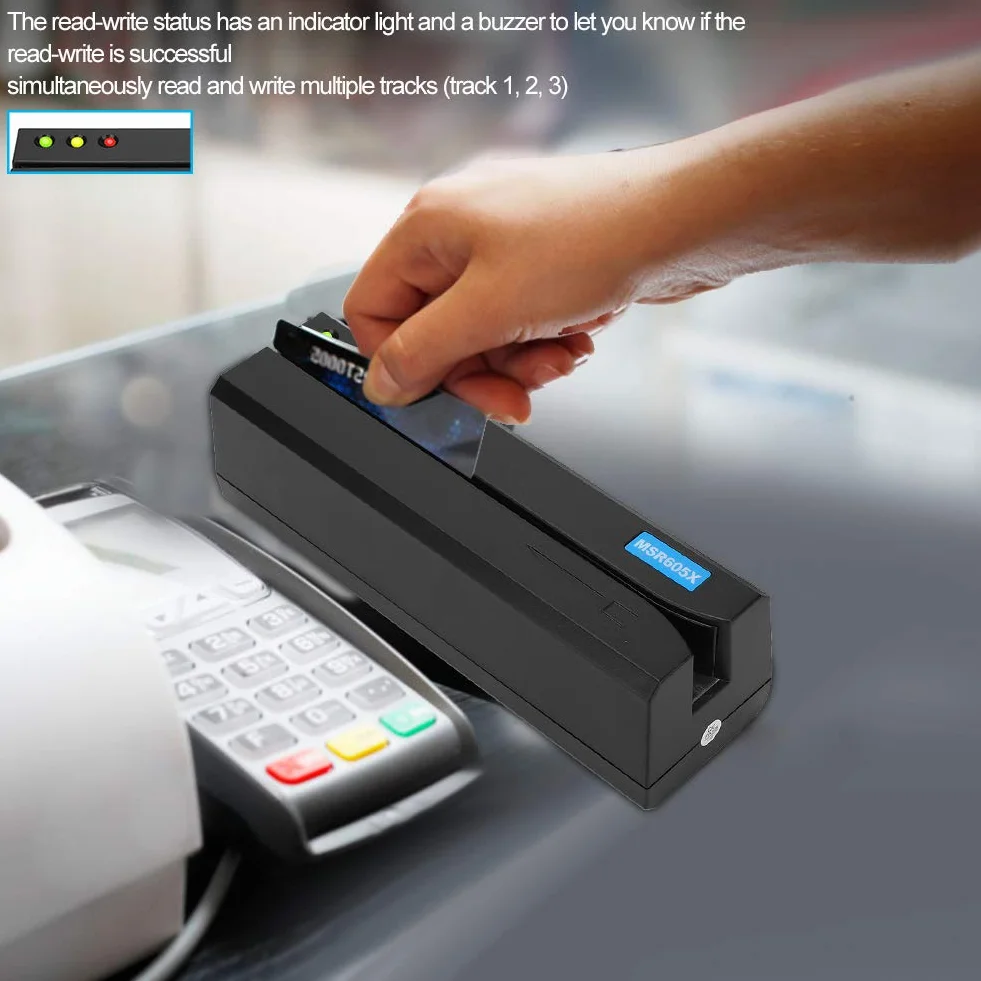 MSR605X Lector de Tarjetas con Banda Magnética, Indicador LED y Zumbador para Lectura de Estado de Escritura, Manual de Alta Velocidad, 3 Pistas Compatibles con ISO ANSI DIN