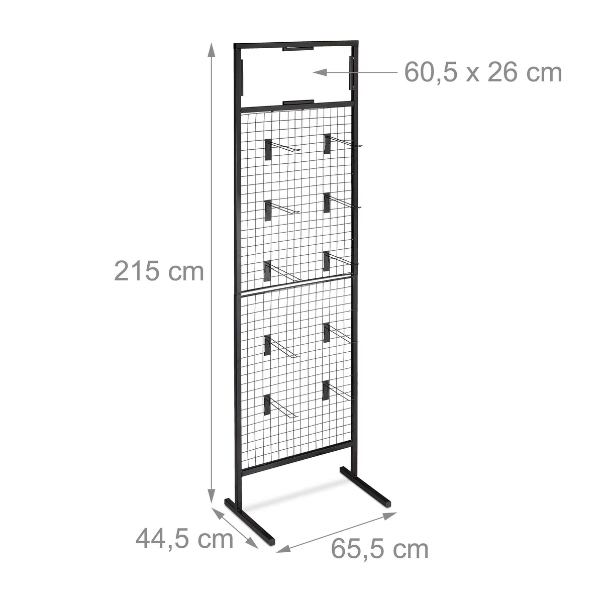 Relaxdays Mostrador de tienda, Panel expositor de rejilla, 10 ganchos, Acero, 21x65,5x44,5 cm, 1 Ud., Negro