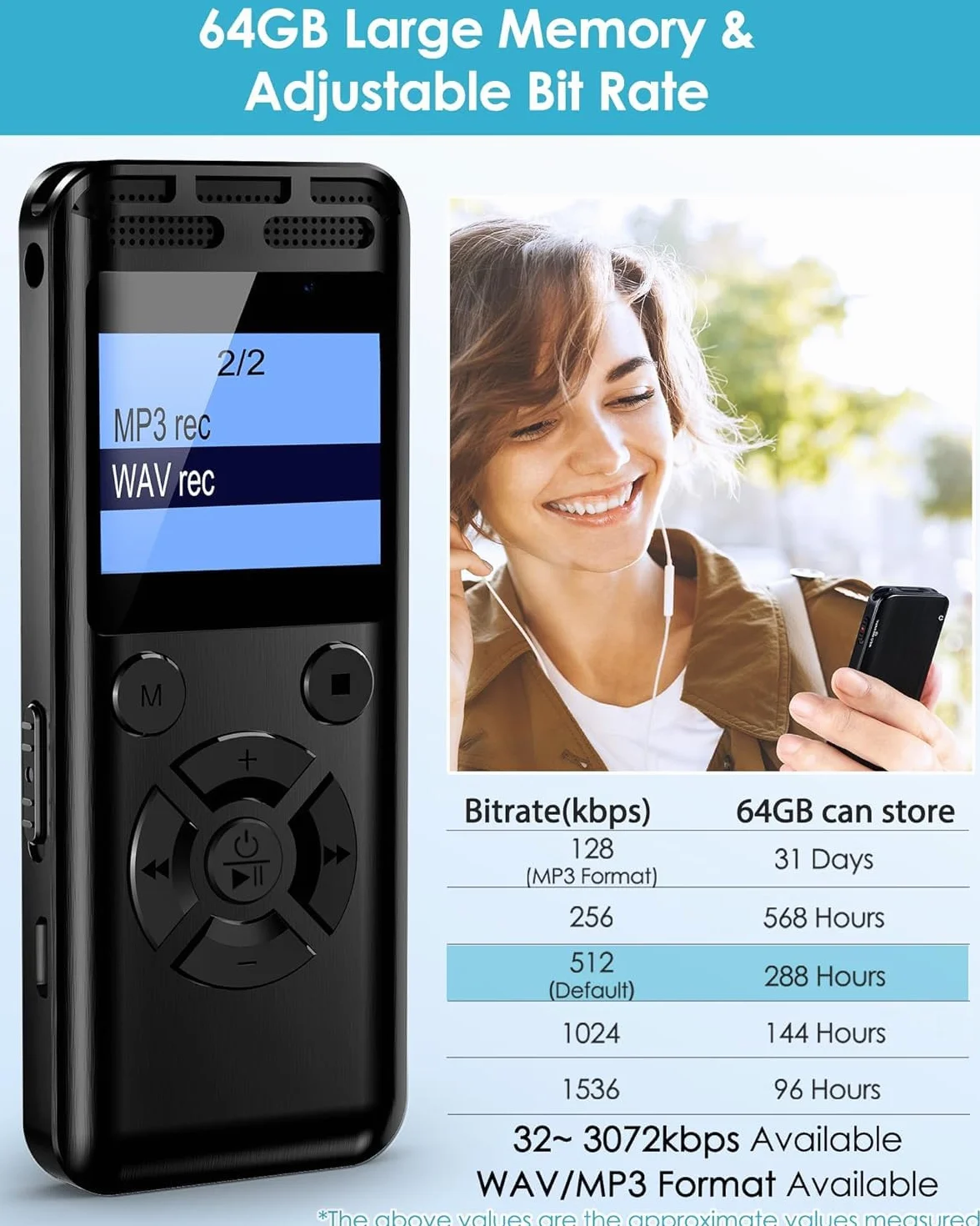 Grabadora de Voz Digital 64GB con Reducción de Ruido, Estéreo HD 1536Kbps, Metálica, Activación por Voz