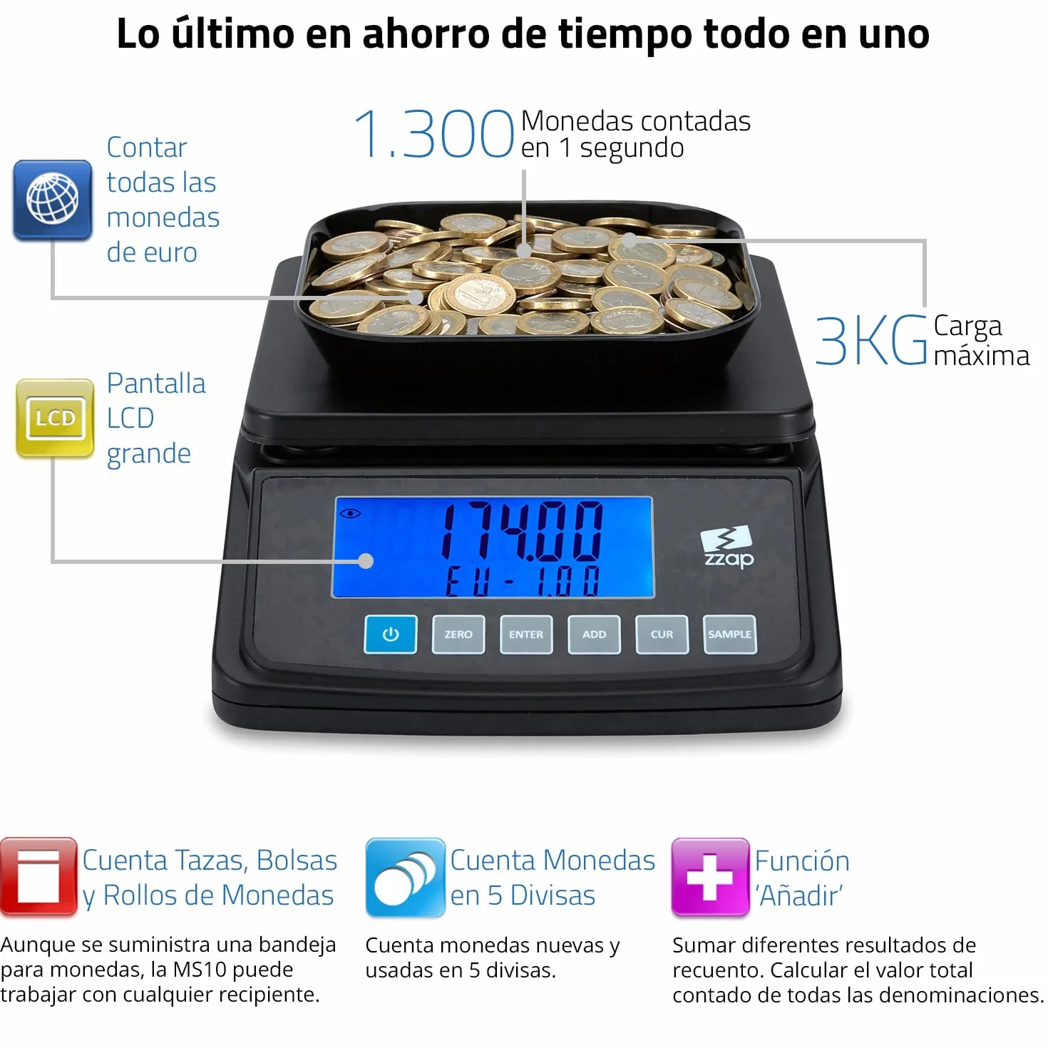 ZZap MS10 Báscula contadora de monedas 5 divisas 3 kg pantalla retroiluminada batería