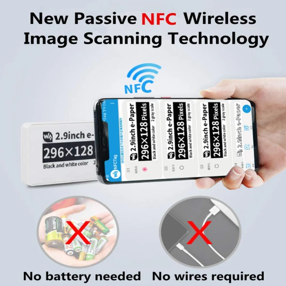 Pantalla de papel electrónico NFC pasivo de 2,9 pulgadas, pantalla de tinta electrónica en negro con función NFC, funcionamiento de aplicación móvil, transmisión inalámbrica, para supermercados