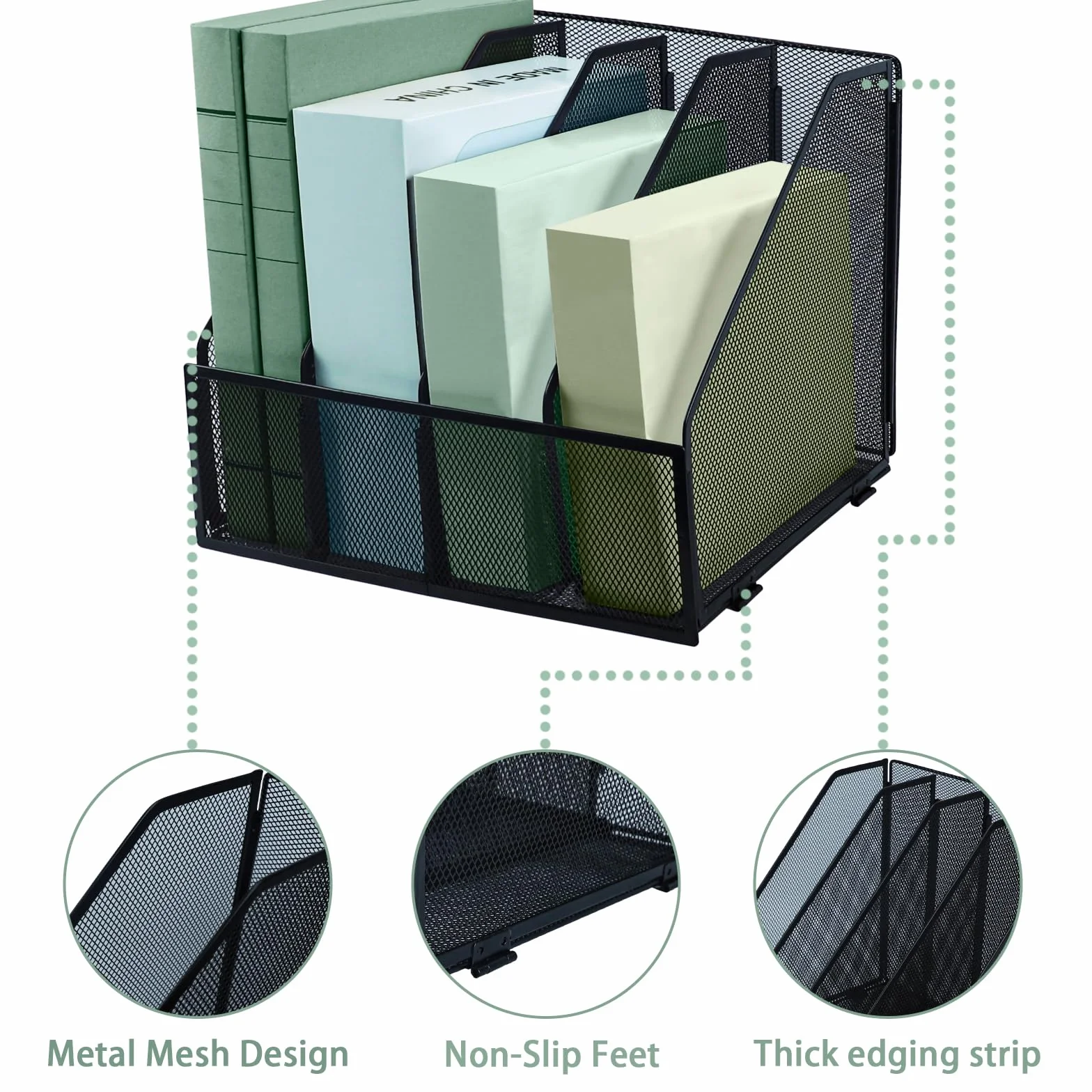 Organizador de Archivos de Metal A4, Estantería Plegable, 4 Compartimentos Verticales para Revistas, Organizador de Escritorio, Soporte de Almacenamiento para Documentos para Oficina, Escuela