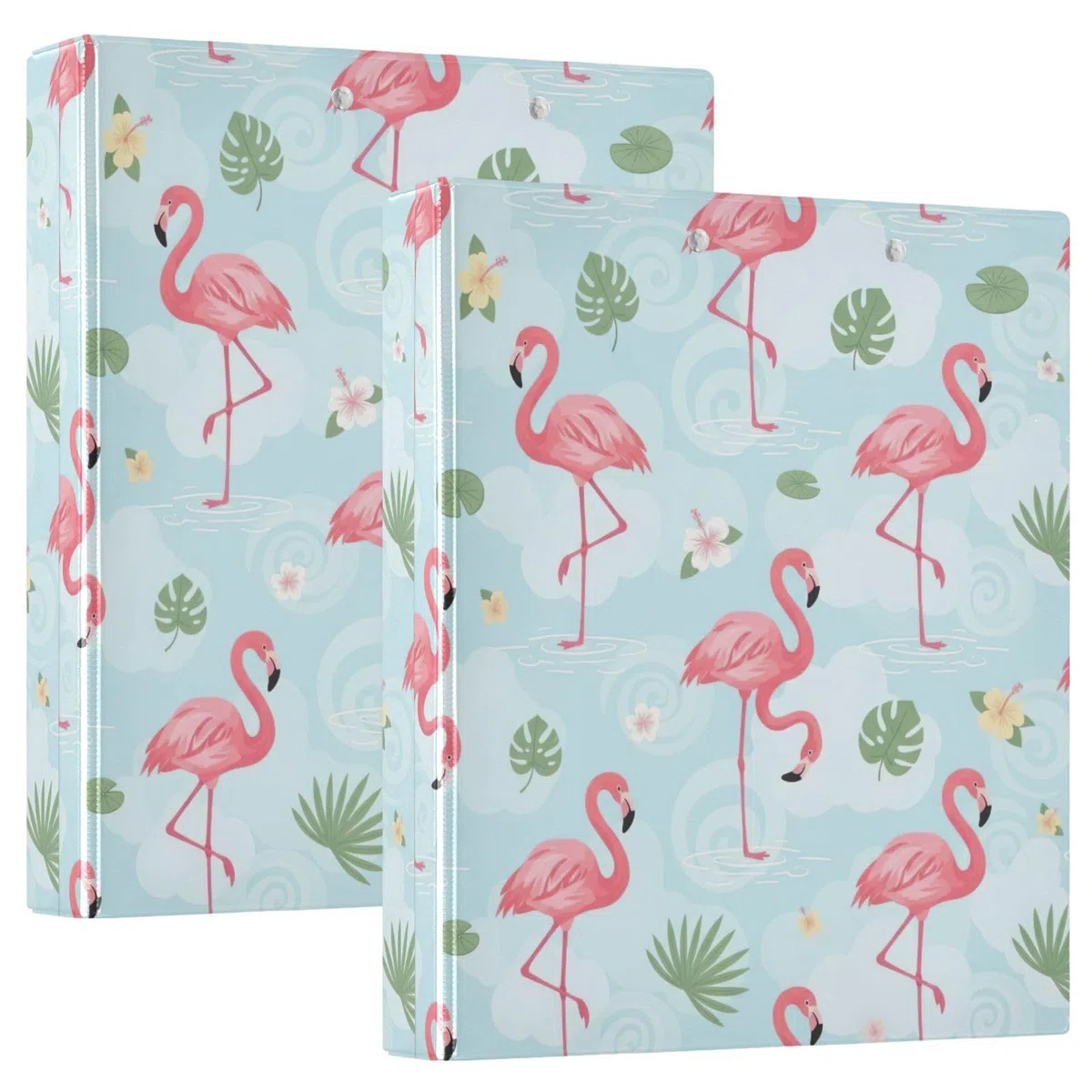 Carpeta de 3 anillos, carpeta de anillos en D azules con flamencos rosados, paquete de 2 | Con portapapeles y bolsillos, para escuela, universidad, oficina