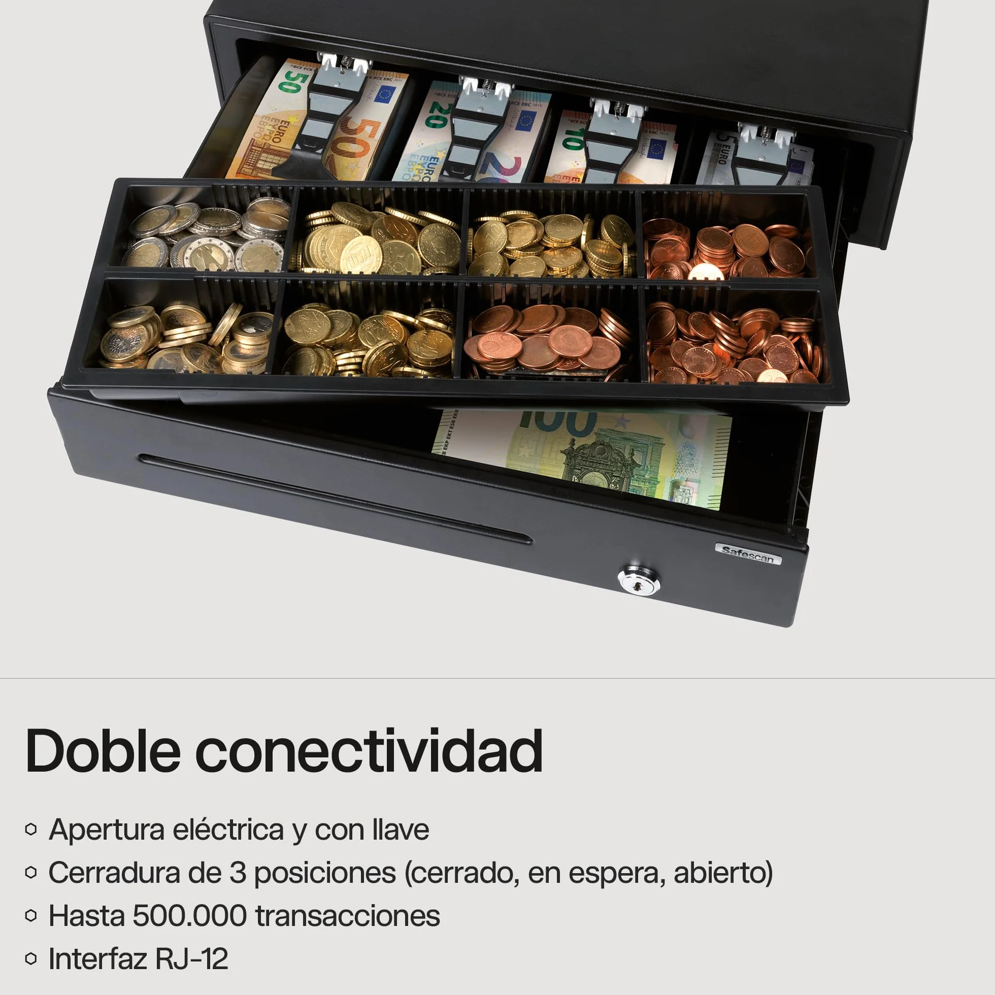 Safescan LD-4141 Cajón portamonedas uso ocasional para el efectivo - Caja registradora con 4 apartados para billetes y 8 para monedas - Caja dinero conexión RJ-12 - Cajón portamonedas 41x41,5x11,5 cm