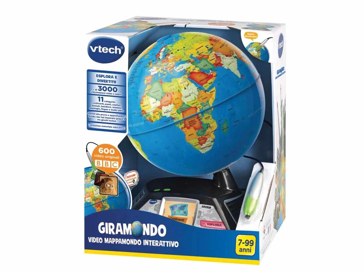 VTech Giramondo – Video globo terráqueo interactivo, mapamundi para niños con bolígrafo táctil y pantalla de 2,7 pulgadas, incluye 600 videos BBC, juegos educativos y cuestionarios, idioma italiano,