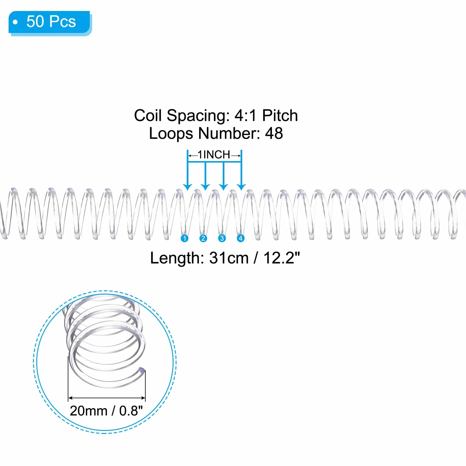 PATIKIL 50pcs 20mm Bobinas de Encuadernación en Espiral de Plástico, 170 Hojas, Paso 4:1, 48 Agujero Lomo de Encuadernación de Hojas Sueltas para Cuaderno Archivo DIY Oficina, Transparente