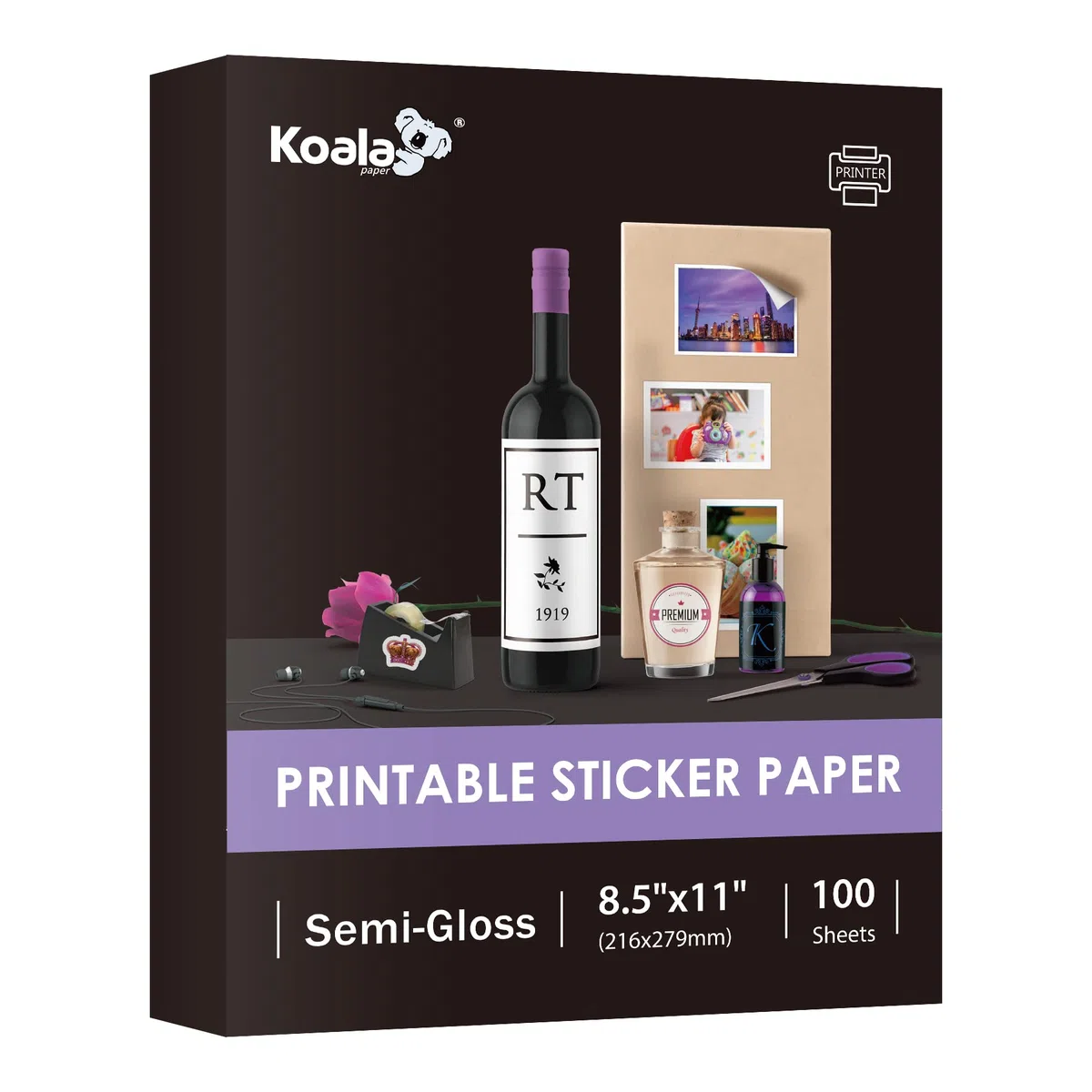 Koala - Papel adhesivo semibrillante para impresora de inyección de tinta y láser, 100 hojas de papel adhesivo fotográfico imprimible de 8.5 x 11 pulgadas, funciona bien con máquina de corte