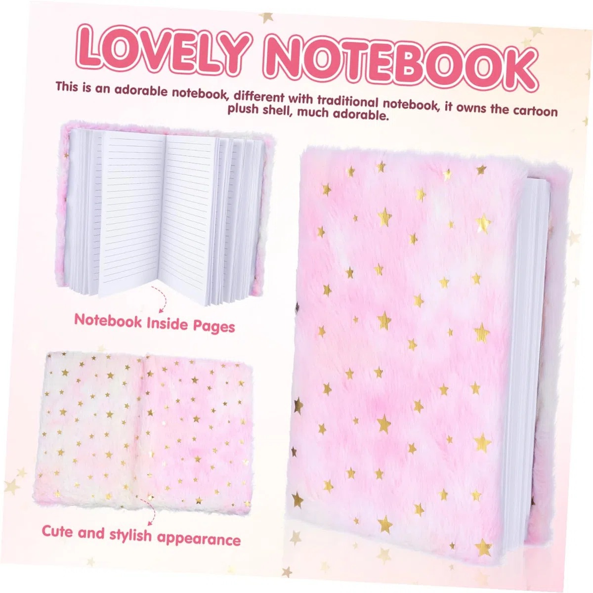 DOITOOL 3 Piezas Cuaderno con de Peluche Diseño Estrella Degradada Portátil y Adorable para Estudiantes y Diario Personal