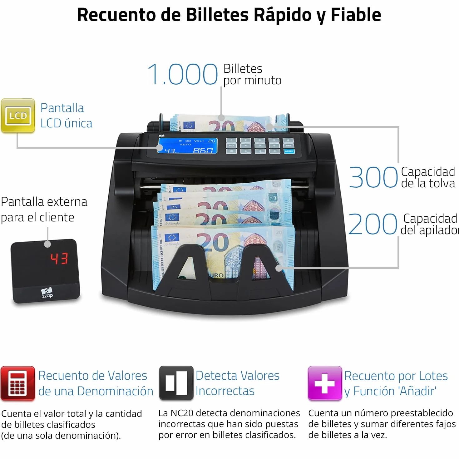 ZZap NC20 Contadora de billetes - Cuenta 1.000 billetes por minuto, Recuento por lotes, cuenta todas las divisas del mundo y mucho más!