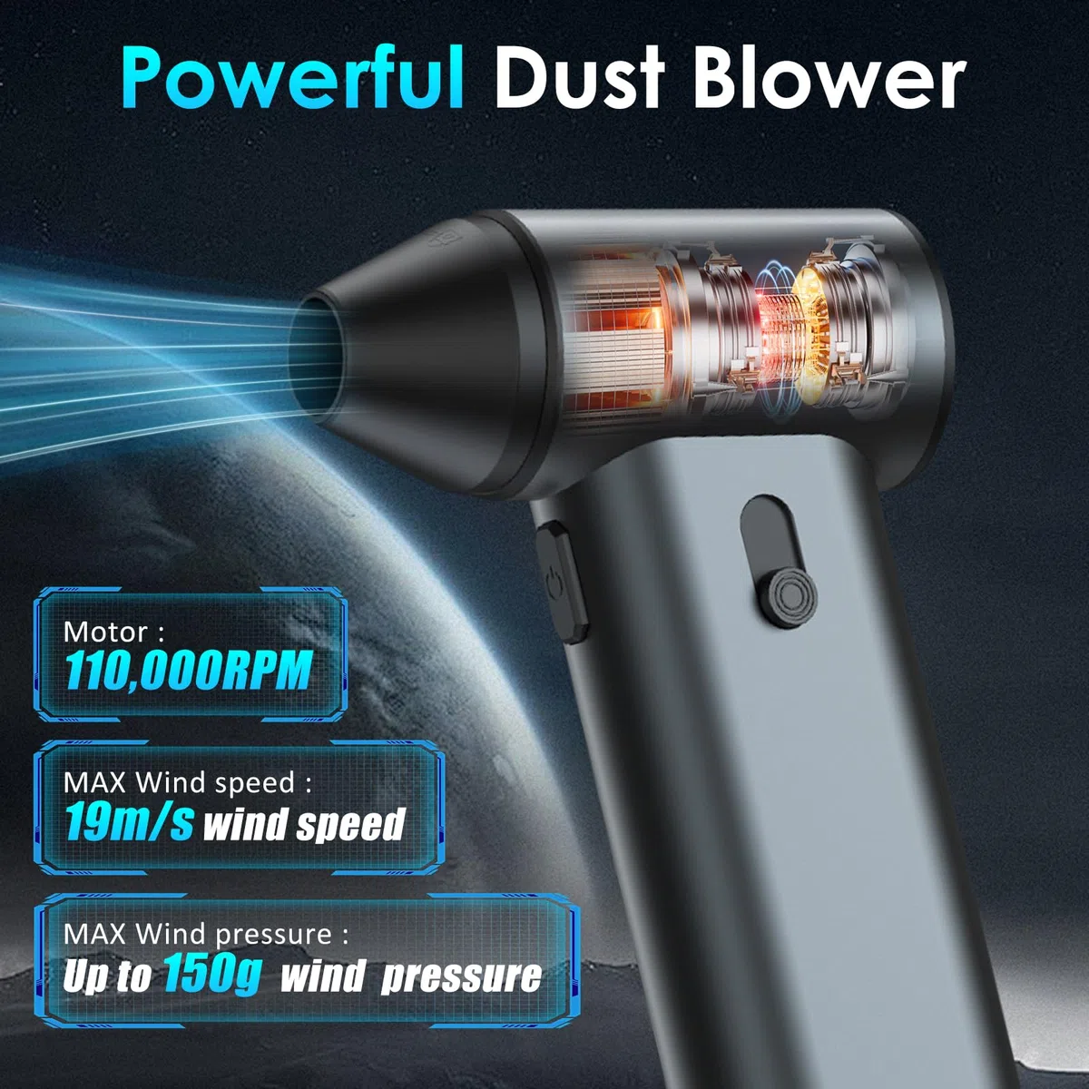 Journeyside Aire Comprimido Soplador,110.000 RPM Soplador de Polvo Eléctrico con Indicador Carga, Recargable Plumero Electrico, Protección Contra Sobretemperatura, Adecuado Portátiles, Coche,Teclados