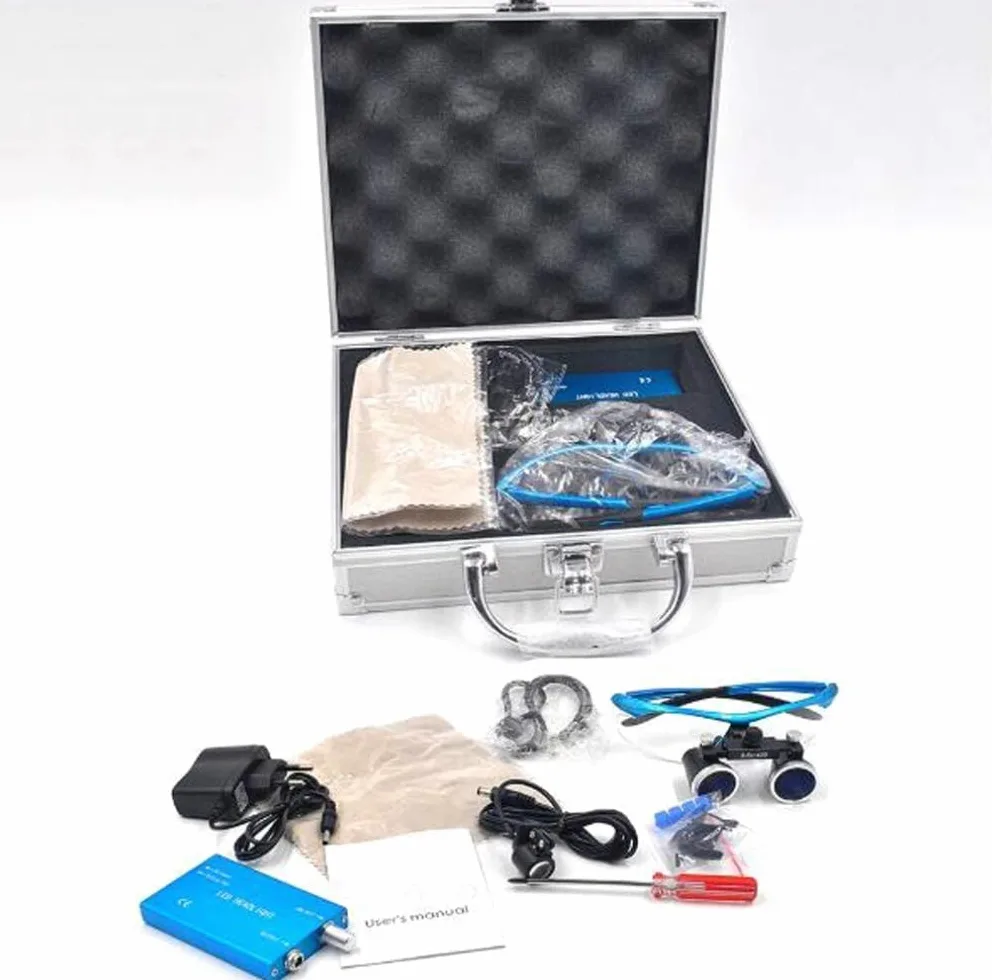 Lupa, lupas dentales 3.5X, Gafas quirúrgicas para médico con luz LED, Gafas binoculares con Lupa para Dentista con práctico Estuche de Transporte, Color Azul.