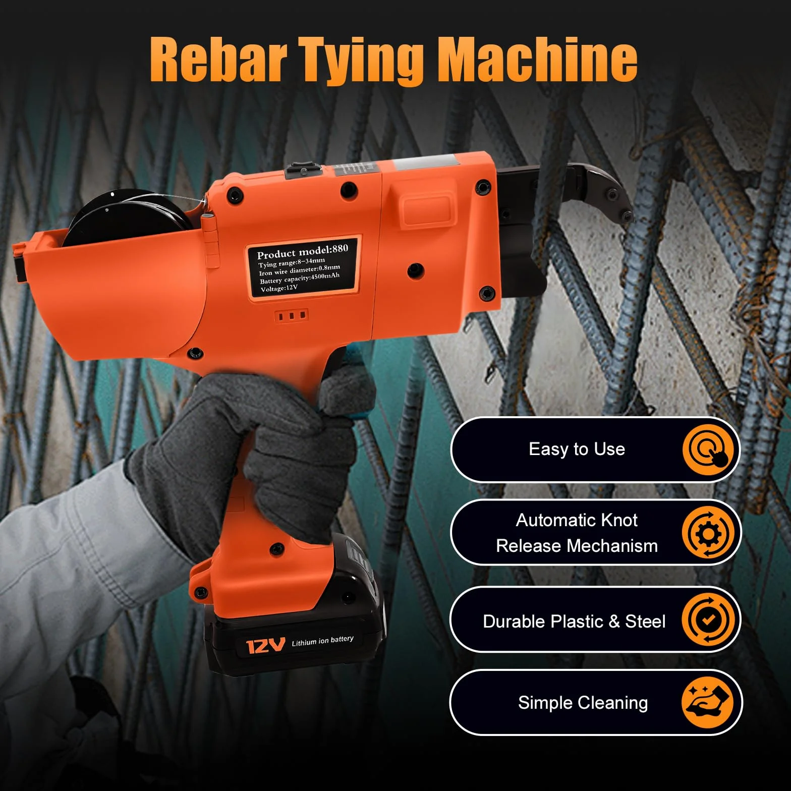 Rebar Tying - Encuadernadora eléctrica de 12 V, con caja de almacenamiento, 2 baterías de iones de litio, longitud de alambre de 300 – 500 mm (naranja)