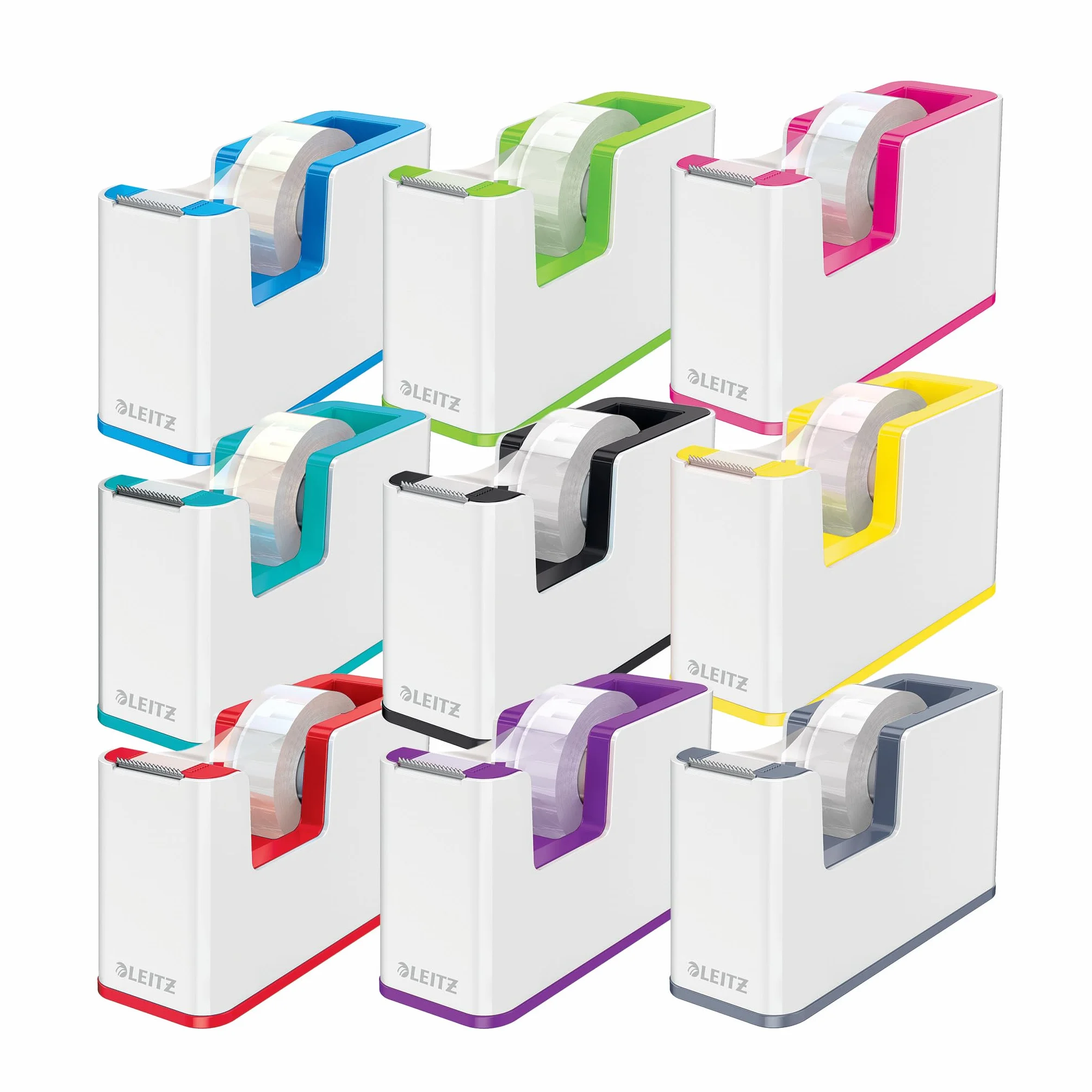 Leitz WOW Dispensador de Cinta, Base Robusta, Incluye un Rollo de Cinta Adhesiva, Portarrollos de Cinta para Escritorio, Blanco/Rojo, 53641026