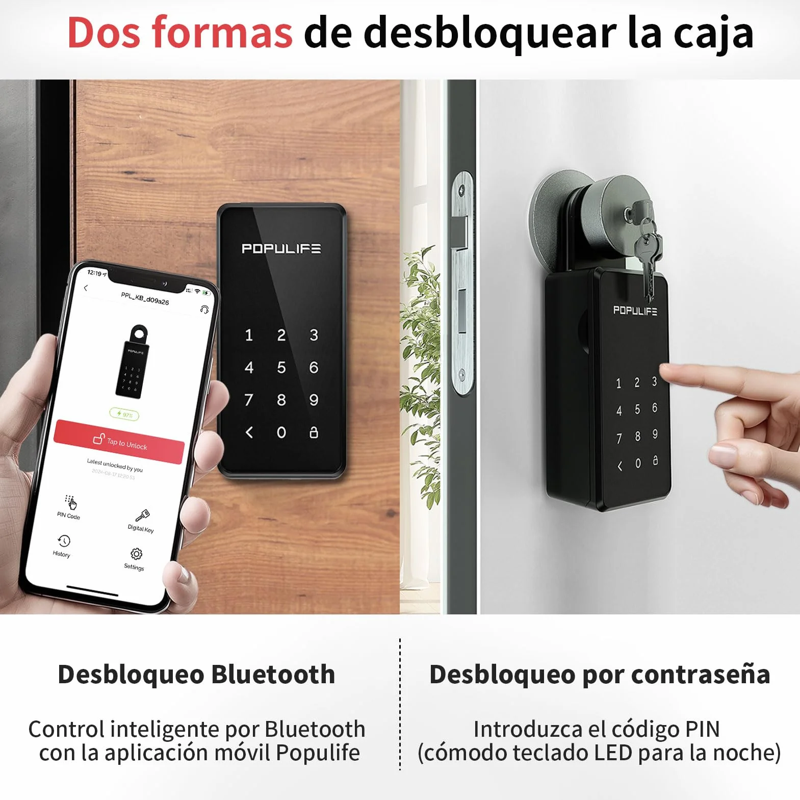 Populife Smart Caja Llaves Bluetooth con Código, Caja Seguridad Inalámbrica para Hogar