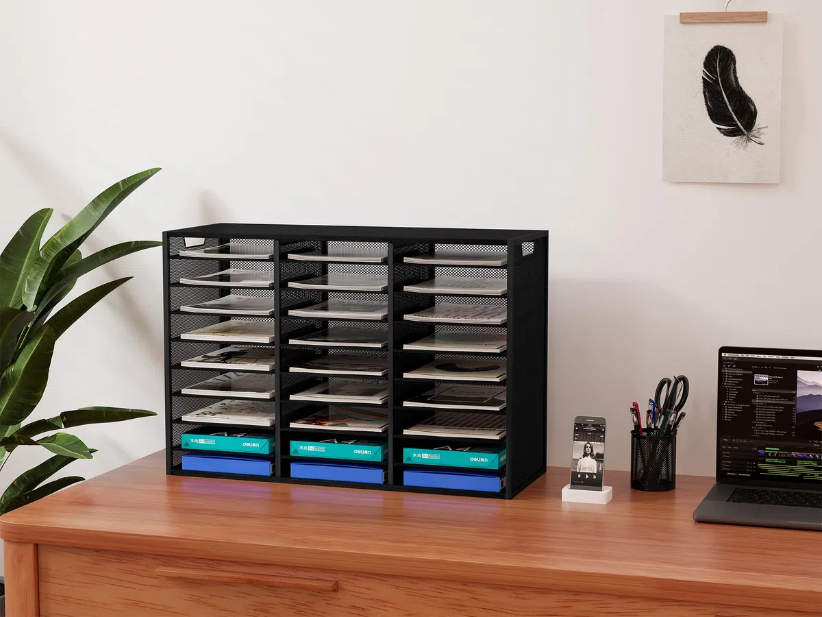 EasyPAG 27 Compartimentos Metal Madera A4 Bandeja Archivador Organizador Revistero Clasificador Carta Soporte Papeles Almacenamiento Escritorio Estante Documentos,Negro