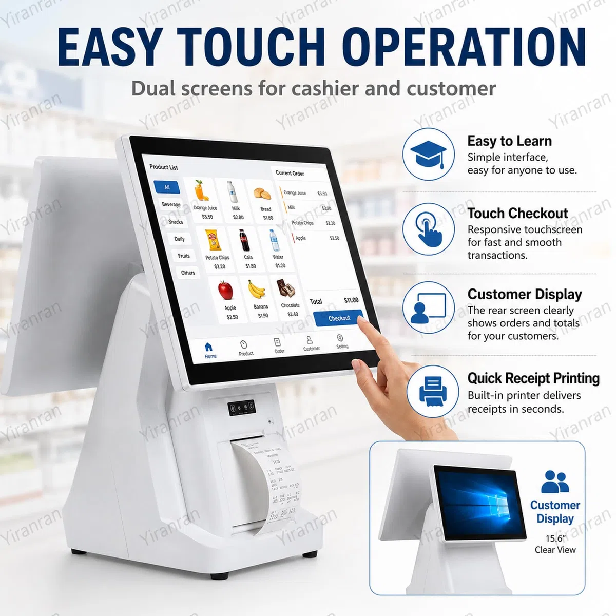 Caja registradora TPV todo en uno para pequeñas empresas, terminal TPV Windows con pantalla táctil dual de 15,6" e impresora de recibos integrada, 8 GB de RAM y 128 GB de almacenamiento, sistema de