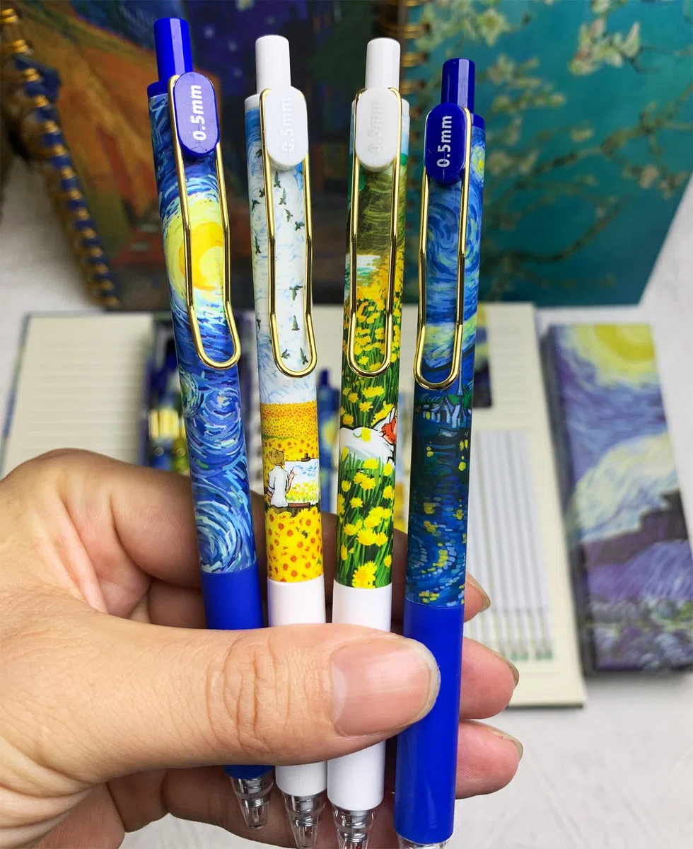 Bolígrafos de noche estrellada, 8 bolígrafos, 16 recambios, suministros de oficina, bolígrafos Van Gogh, regalos, bolígrafos negros de 0,5 mm, bolígrafos de escritura suave, bolígrafos