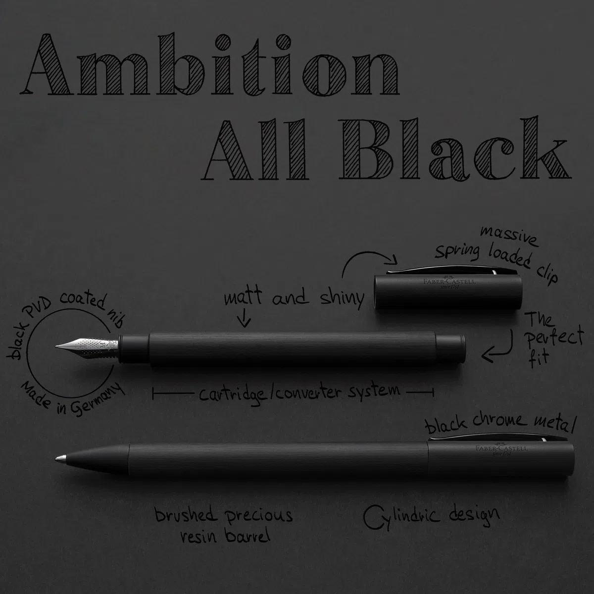 FABER-CASTELL - Pluma estilográfica Ambition All Black, plumín F | Pluma estilográfica negra con plumín de acero inoxidable, cartuchos y convertidor, incluye estuche de regalo