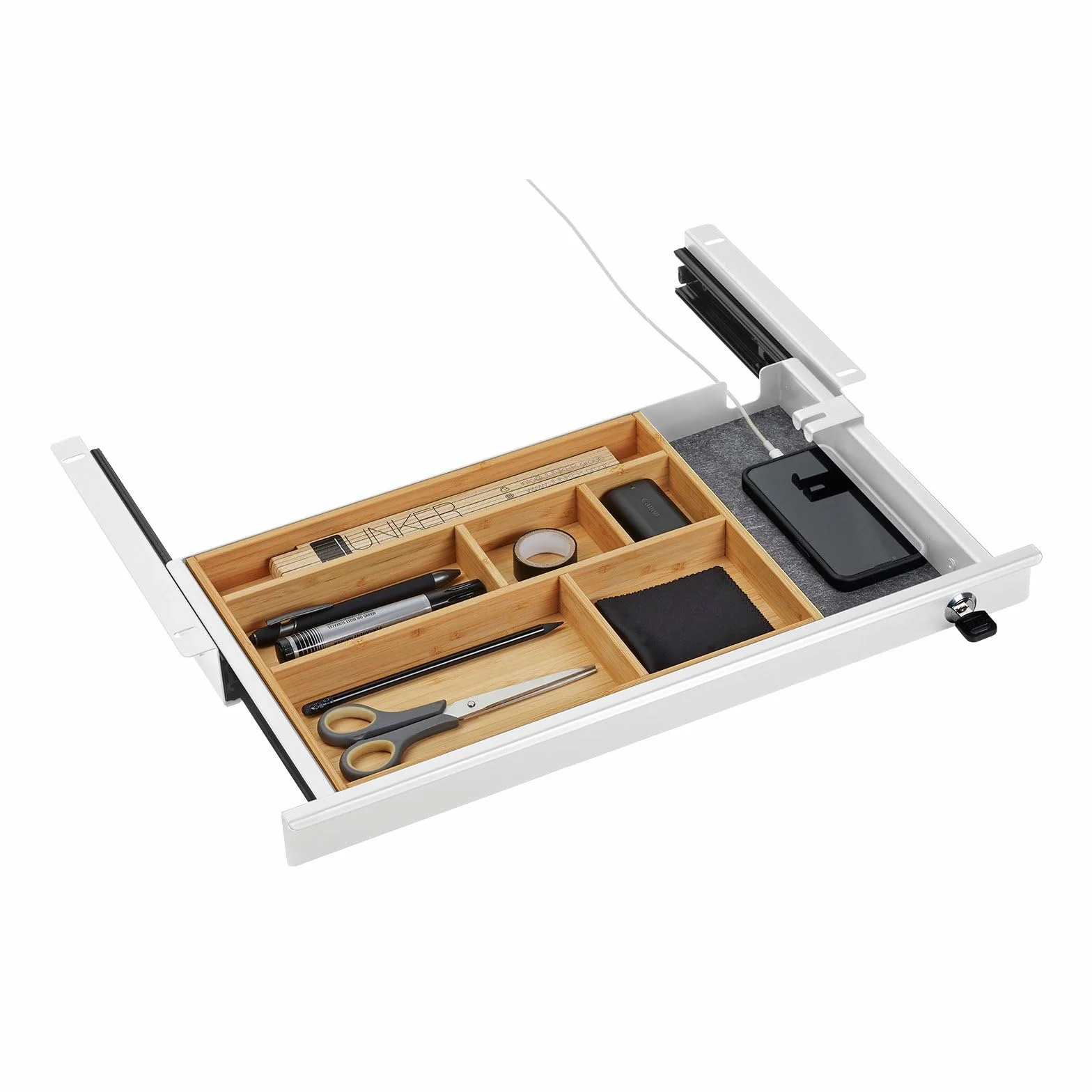 Cajón portadocumentos con cerradura 500 x 265 x 45 mm blanco inserto de bambú