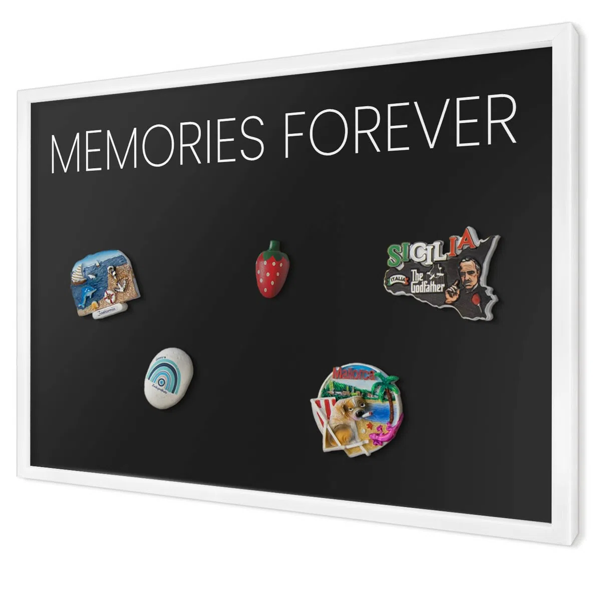 Tablero Imantado 60x40 cm | con Marco Blanco | Memories Forever | Montaje Fácil | Pizarra Magnética | Para Souvenirs de Viaje | Para Imanes Turísticos, Fotos Polaroid y Postales | Para Cocina