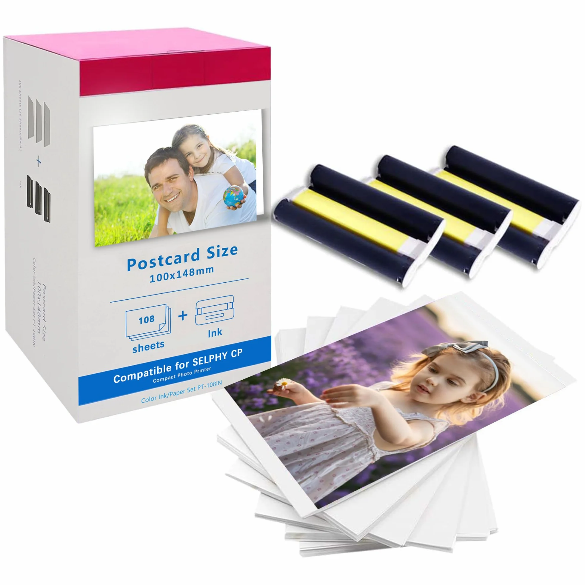 LCL Compatible para Canon Selphy CP1500 CP1300 CP1000 CP1200 CP910 Juego de Papel fotográfico de Tinta, 100 x 148mm 108 Hojas de Papel y 3 Casete de Tinta de Color, para Canon Selphy KP-108IN CP810
