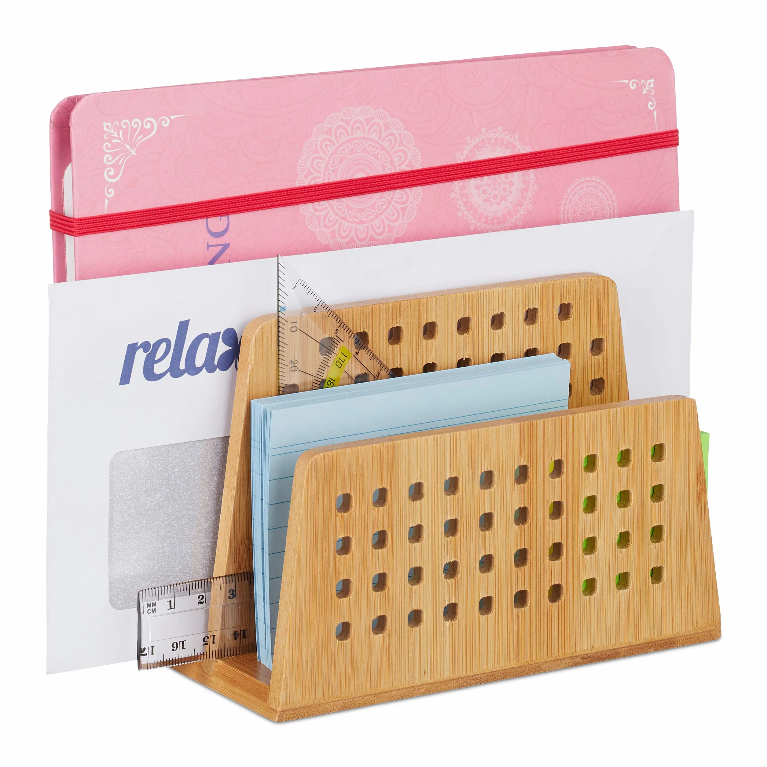 Relaxdays Organizador de Documentos, 2 Compartimentos Perforados, Bambú, DIN A5, Marrón