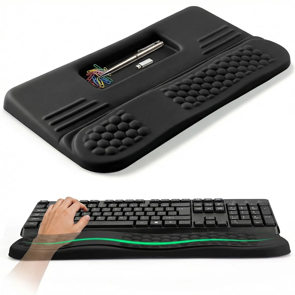 LIMOUS Reposamuñecas Ergonómico para Teclado, Soporte Elevador Ajustable 2 Ángulos con Caja de Almacenamiento, Almohadilla Ola de Espuma Viscoelástica, Base Antideslizante para Oficina y Gaming-Negro