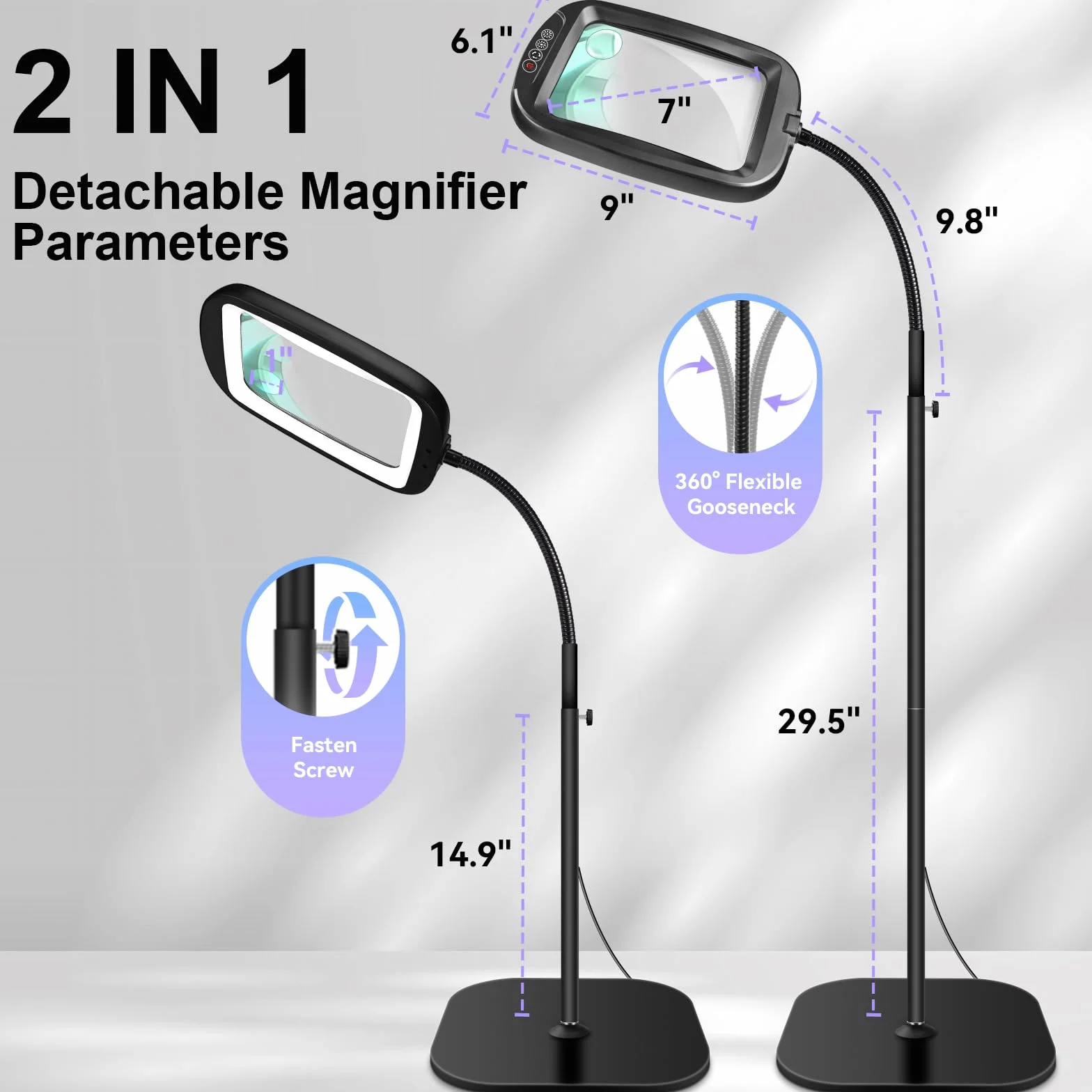 NZQXJXZ Lámpara de pie con Lupa con luz, 2 en 1 Lupa con Luz y Soporte con 60 LED de Brillo Ajustable, Lámpara de Aumento de Cuello de Cisne Flexible para Trabajos de Cerca, Manualidades, Lectura