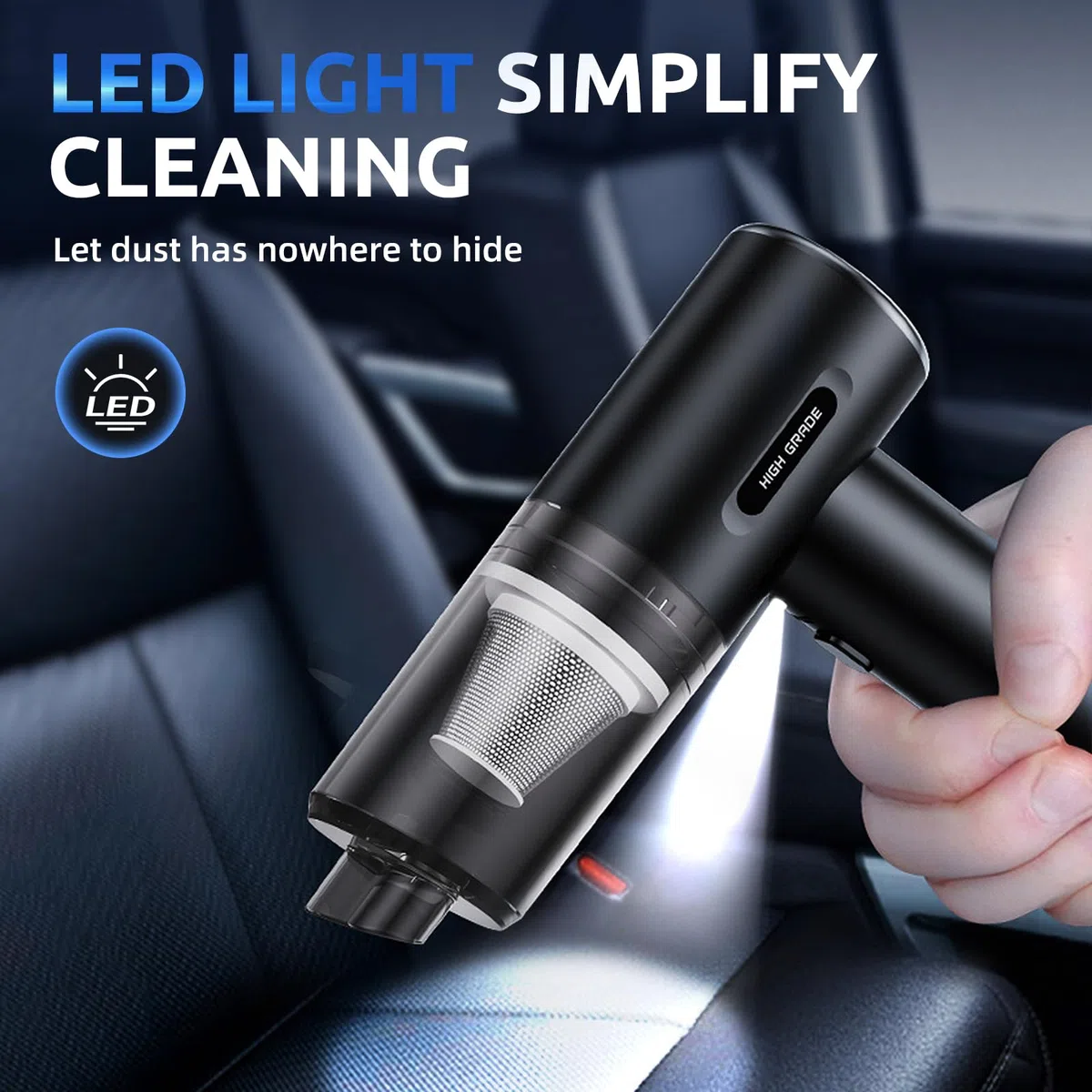 AECHO Aspiradora de Coche Potente,2000PA Aspirador de Mano sin Cable,4 en 1 Aspiradora de Mano,Doble Filtrado,Ligero y Recargable,Mini Aspirador y Soplador con Filtro HEPA para PC,Coche,Hogar,Oficina