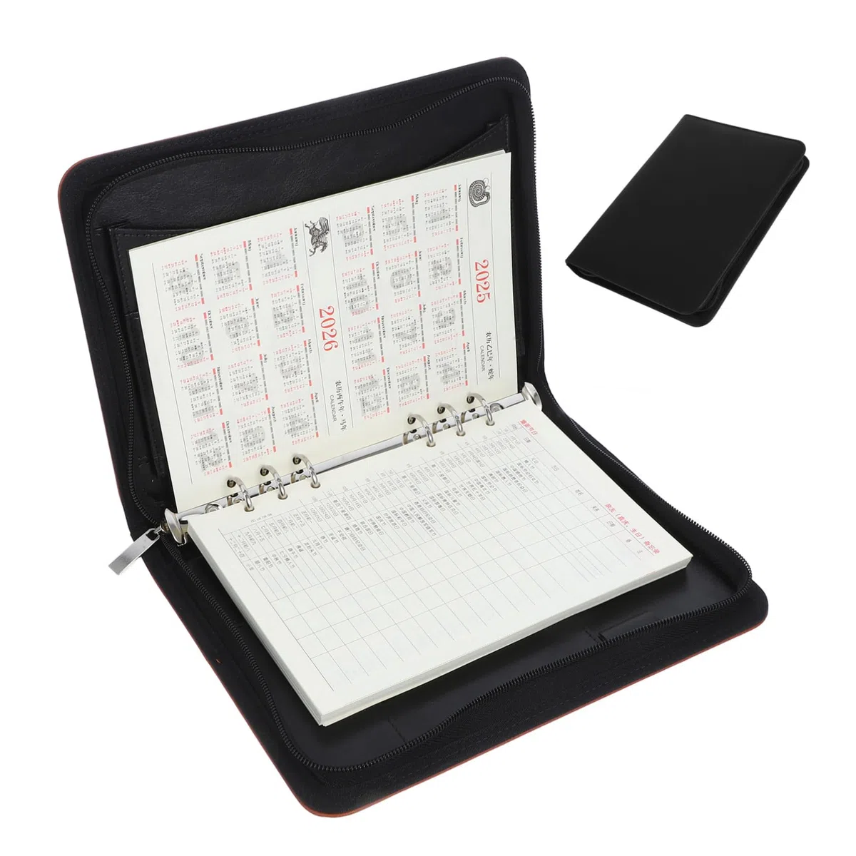 Carpeta de Anillas Cremallera Pu Negro Pequeño Organizador de Documentos Portátil para Oficina y Negocios