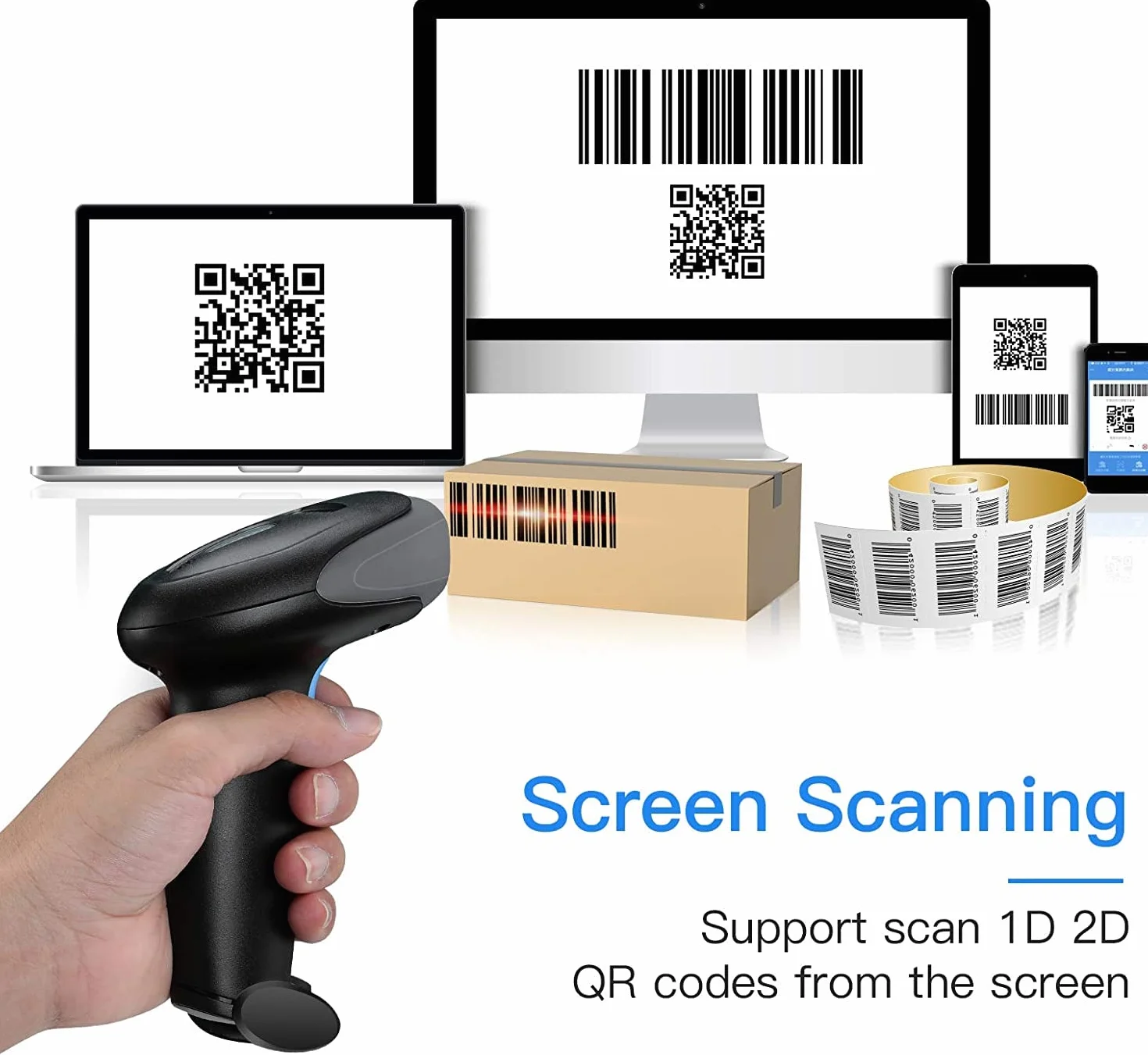 Eyoyo Escáner de códigos de Barras 1D 2D QR con Soporte, escáner de Cable USB portátil para gestión de inventarios, código de Barras portátil/Lector de códigos QR, escáner de detección automática