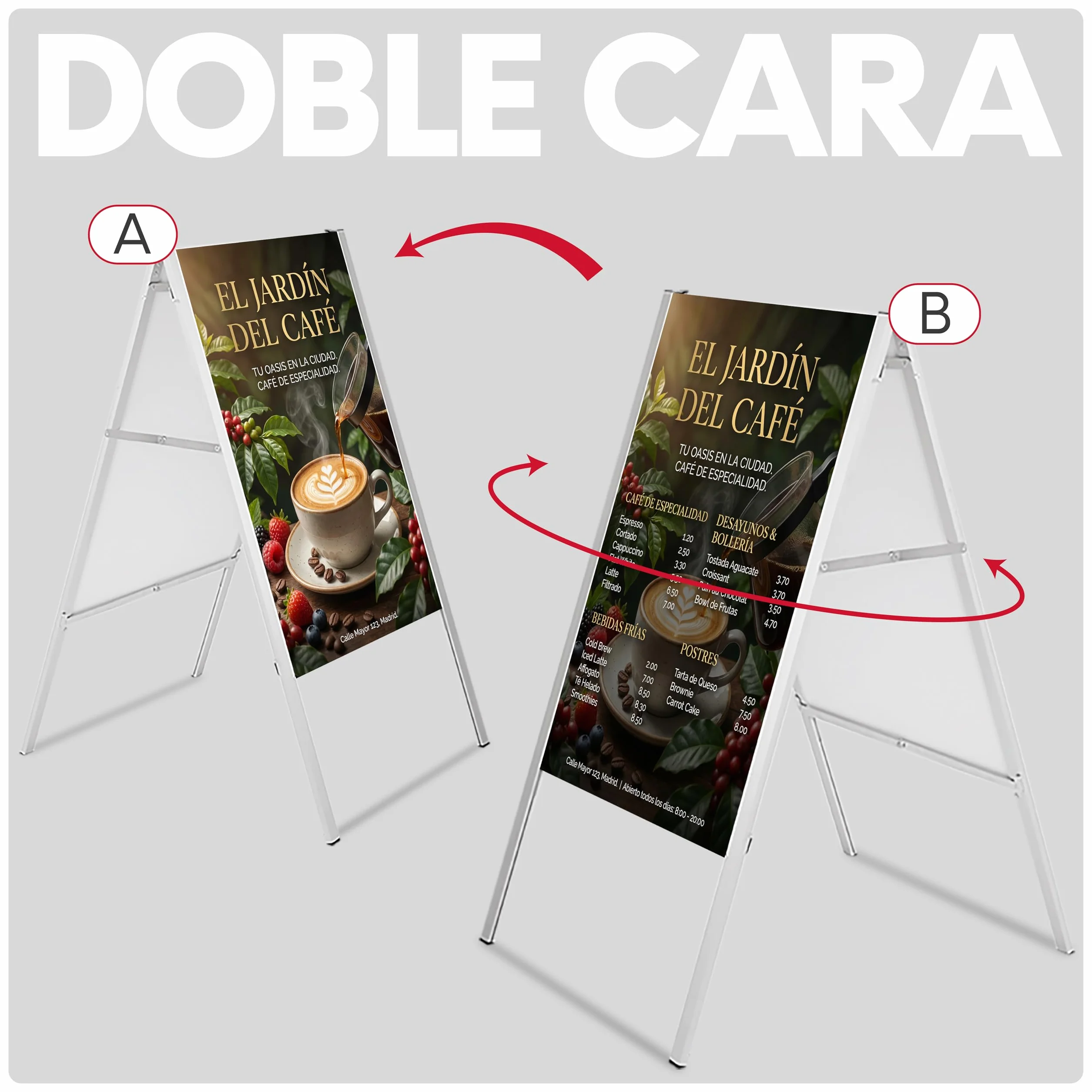 Caballete Publicitario Plegable 500x700 mm | Expositor Porta Carteles de Aluminio Doble Cara | Soporte Publicitario Ligero y Plegable para Anuncios, Ofertas y Menús