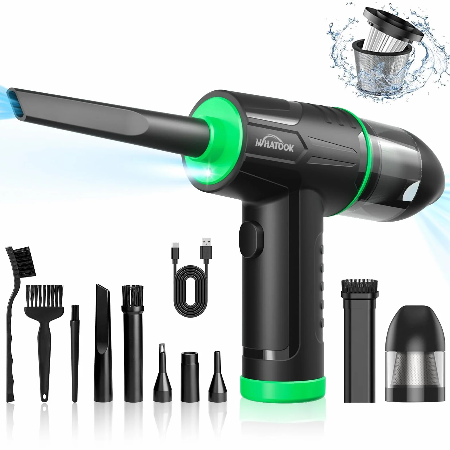 WHATOOK Soplador de Polvo Eléctrico y Aspirador 2 en 1, 100000 RPM,10Kpa, 7600mAh, 3 velocidades, Aire Comprimido Sin Cable con LED para PC, computadora, Sofá, Mascotas,Automóvil，Verde