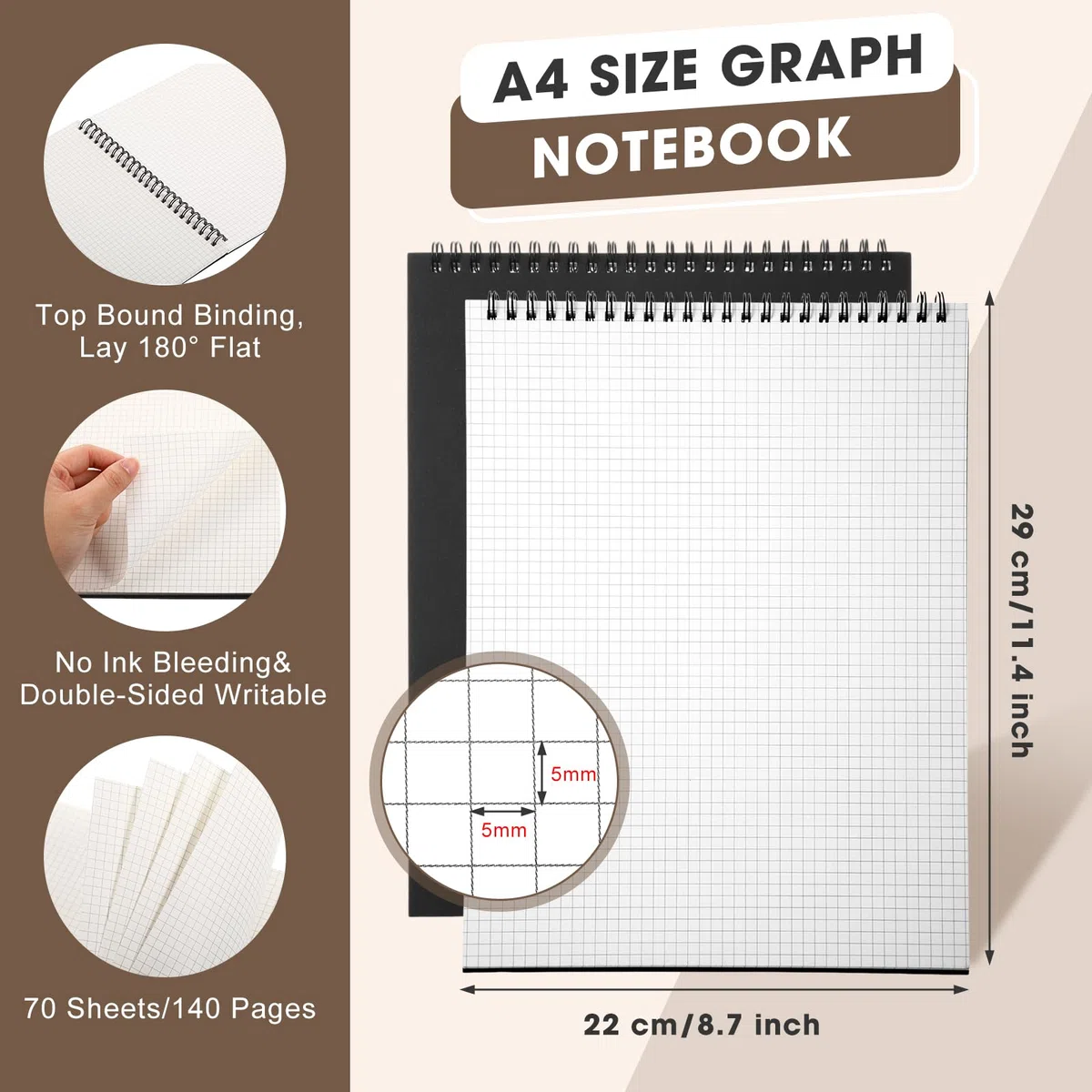 Engrowtic Paquete de 6 cuadernos de papel gráfico en espiral superior de 8.7 x 11.4 pulgadas, bloc de notas de papel cuadriculado A4, 70 hojas, bloc de notas para ingeniería, escritura, bocetos
