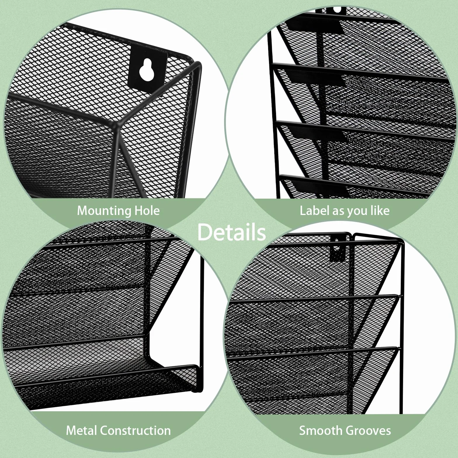 Organizador de archivo de pared de malla de 9 niveles con bandeja plana inferior, vertical de malla media, para colgar en la oficina, revistero, juego