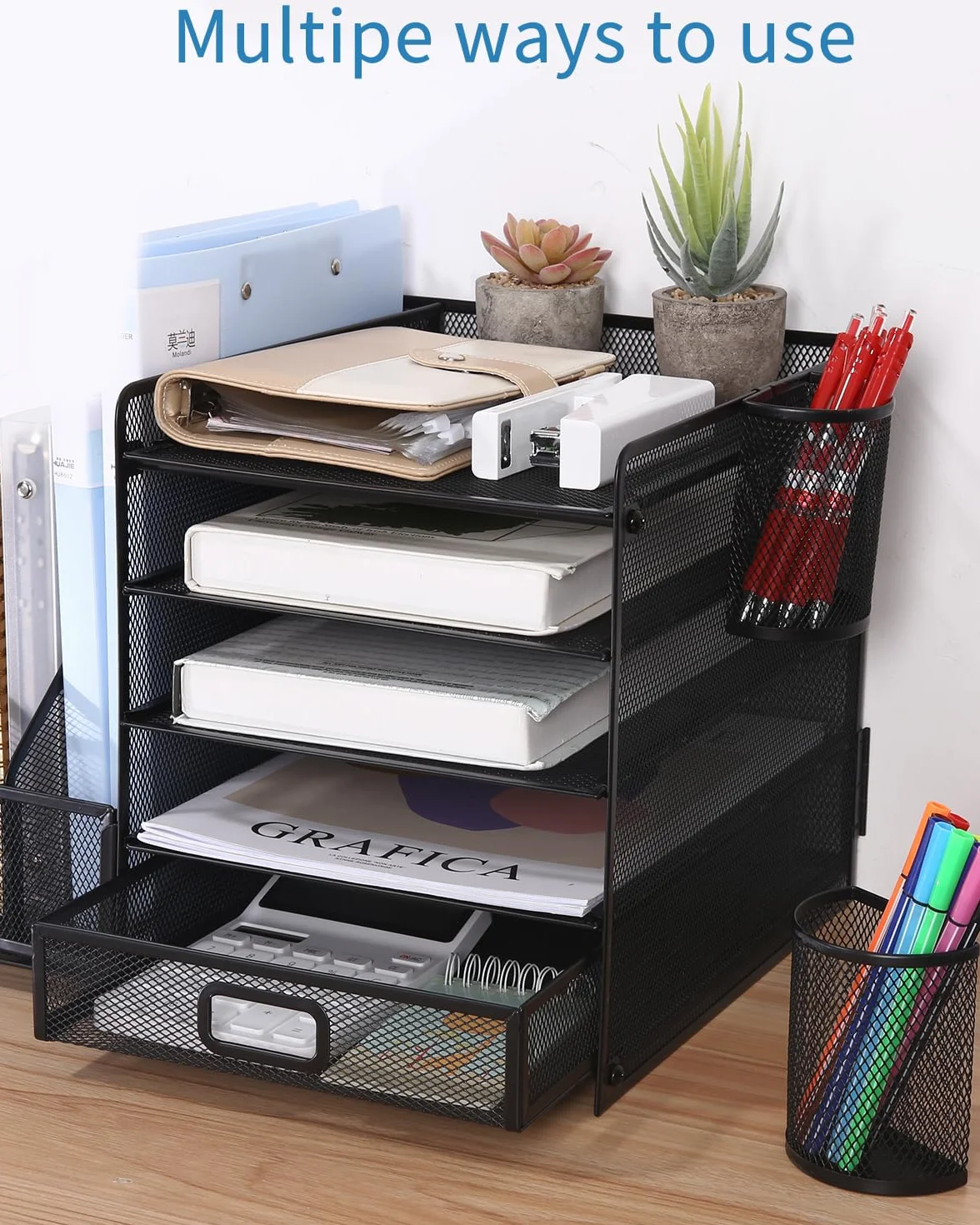 Organizador de Escritorio de Metal de 5 Niveles con Cajón y Portalápices Negro