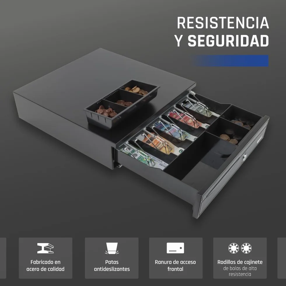 iggual Cajón Portamonedas IRON-30 Caja Efectivo Registradora Manual Automática 5 Billetes 5 Monedas Cerradura 3 Posiciones Acero Plástico Negro 42x40.5x10