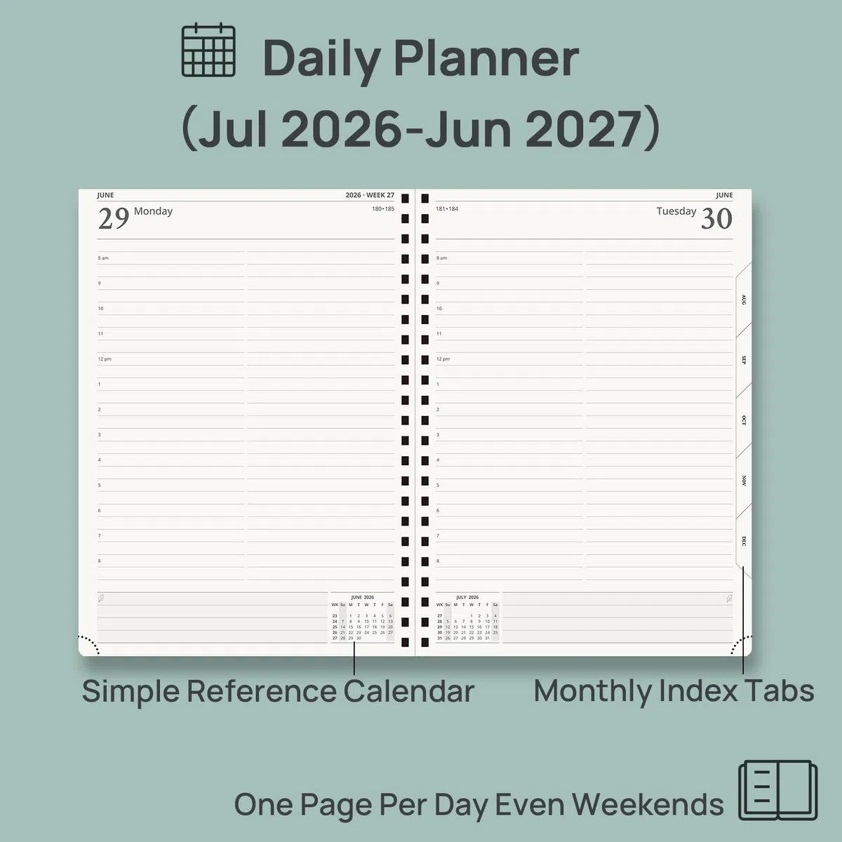 POPRUN Agenda académica diaria 2026-2027, una página por día, agenda calendario de 8.5 x 12 pulgadas, año escolar julio 2026 a junio 2027, libro de citas de tapa dura con ranuras horarias