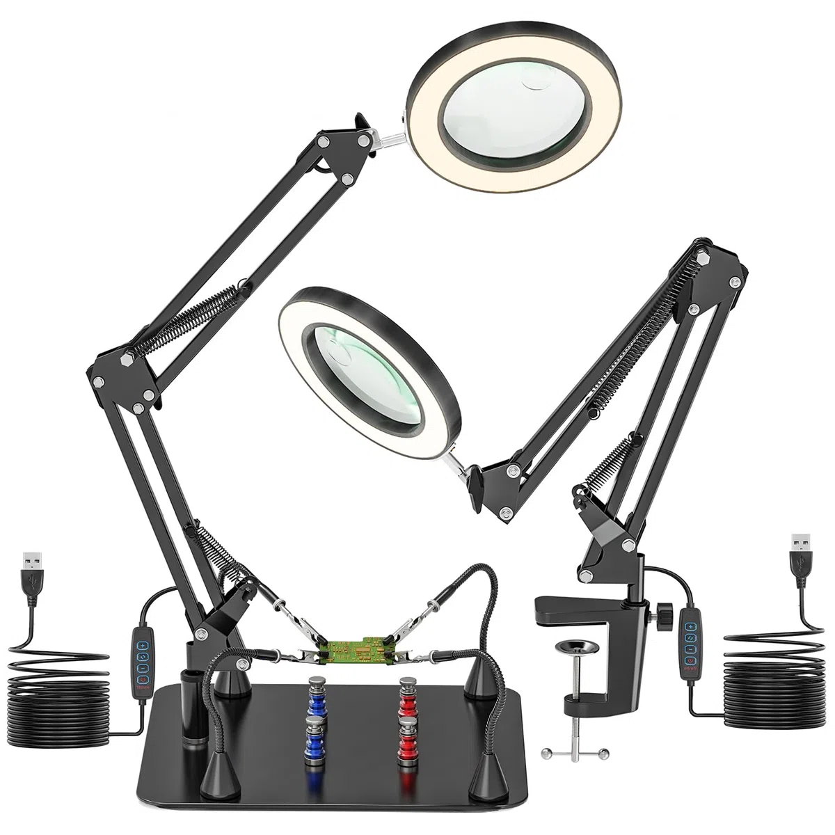 10X & 15X Lupa con Luz y Soporte, Manos de Ayuda Magnética con Lupa y Luz, Lámpara de Trabajo con Pinza y Modo de 3 Colores, Lámpara de Aumento para Manualidades, Soldaduras, Hobbies